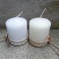 Mobile Preview: Stumpenkerze Kerze weiß elfenbein 80/60 Tischdeko Hochzeit Kommunion Taufe Jute Spitze Fisch Herz