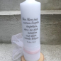 Preview: Taufkerze klassisch und schlicht Taube Tüllschleife mit Taufspruch 25x7 cm weiß silber rosa hellblau 25x6 cm