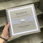 Preview: Personalisiertes Gästebuch zur Hochzeit vintage taupe grau weiß Spitze Herzchen Holz Hochzeitsgeschenk