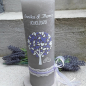 Preview: Hochzeitskerze Lebensbaum Herzchen taupe rustikal vintage lavendel lila flieder 25x8 cm grau rustic personalisiert