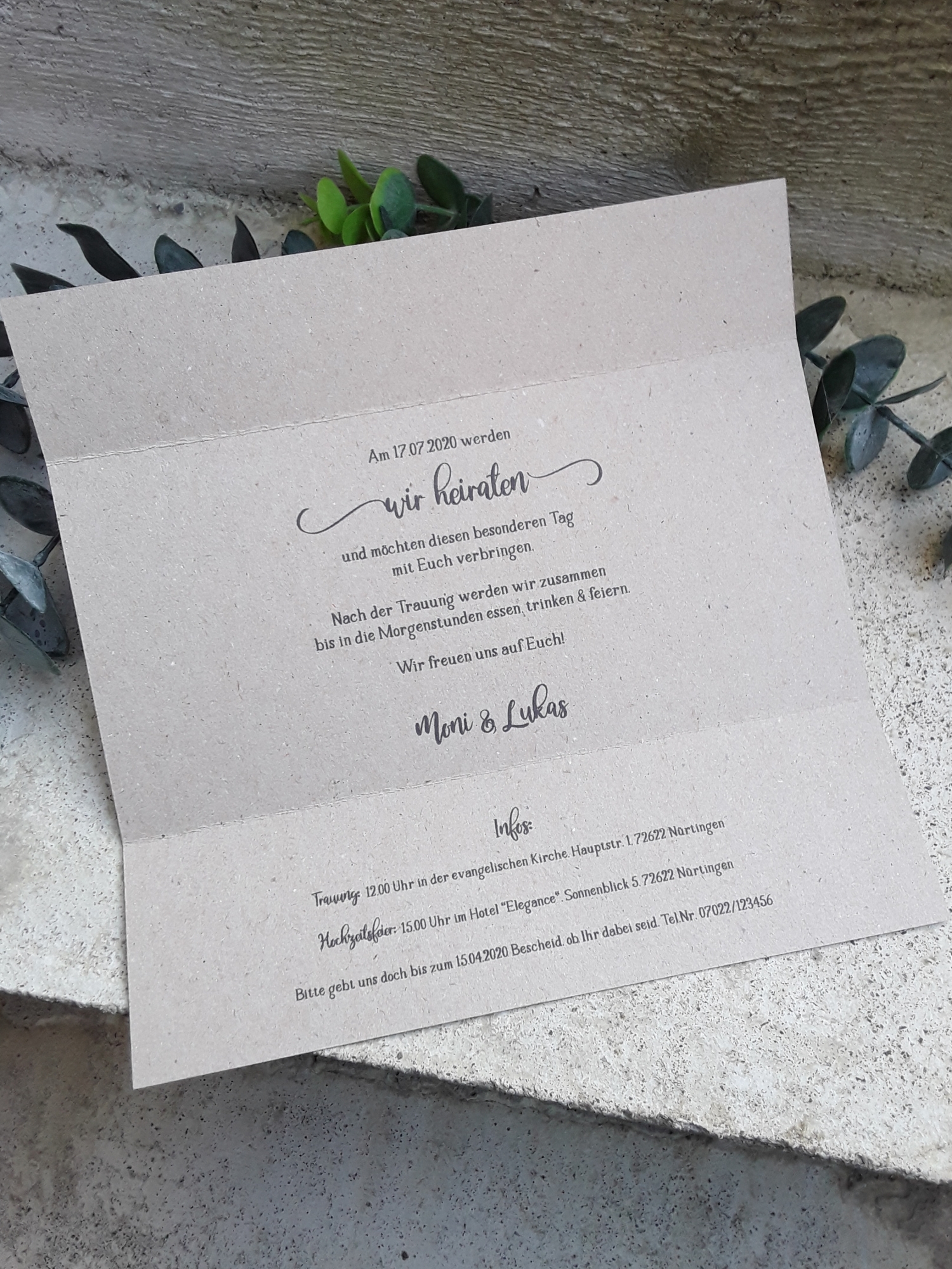 Einladungskarte zur Hochzeit vintage natural Kraft incl. Druck DINlang gefaltet