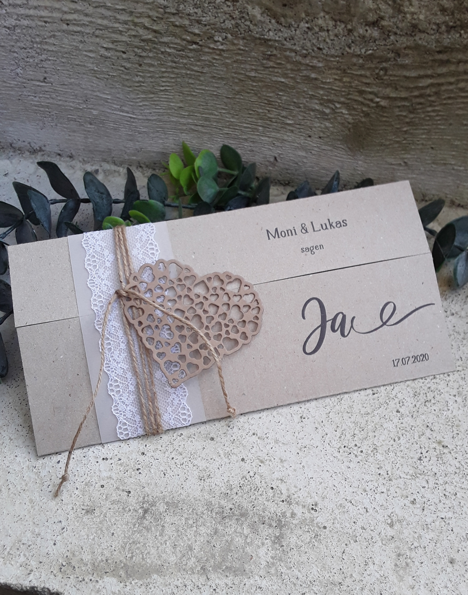 Einladungskarte zur Hochzeit vintage natural Kraft incl. Druck DINlang gefaltet