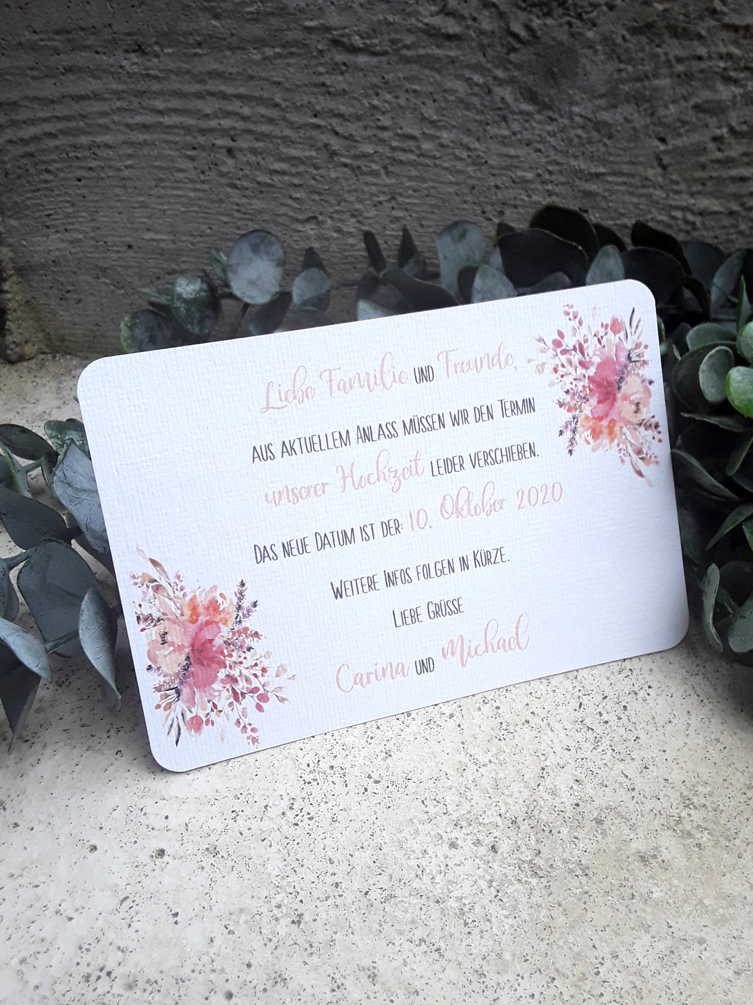 Change the date / Save the date Karte Hochzeit A6 weiss apricot lachs rosa pastell Blumen