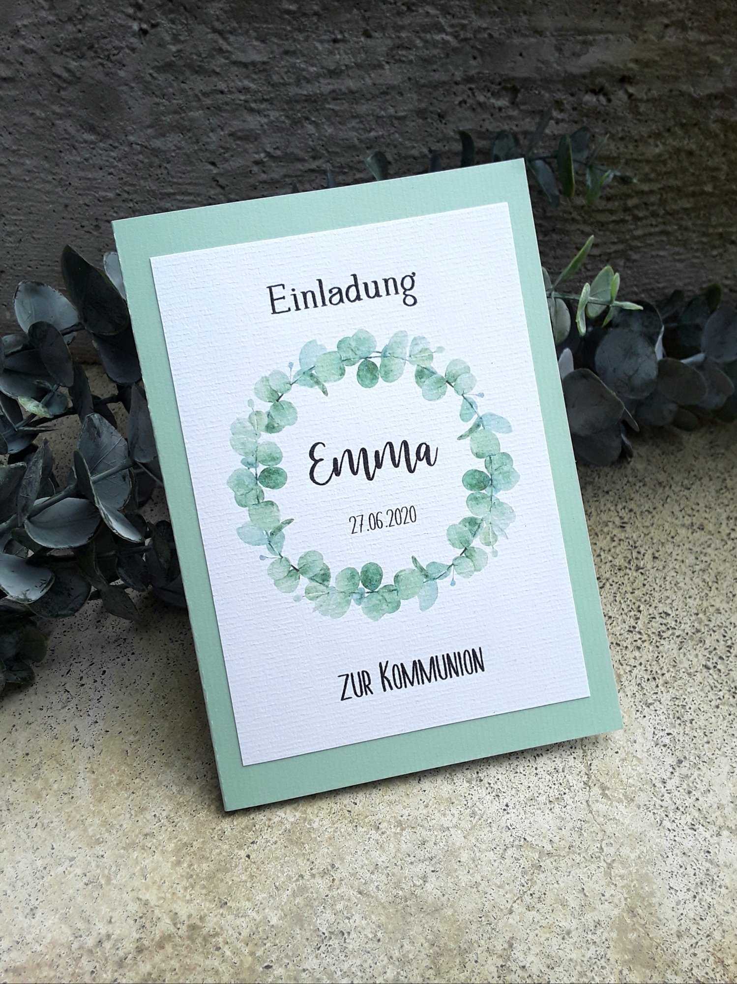 Einladungskarte Eukalyptus greenery B6 mintgrün Kraft Eukalyptuskranz Hochzeit Taufe Kommunion Konfirmation