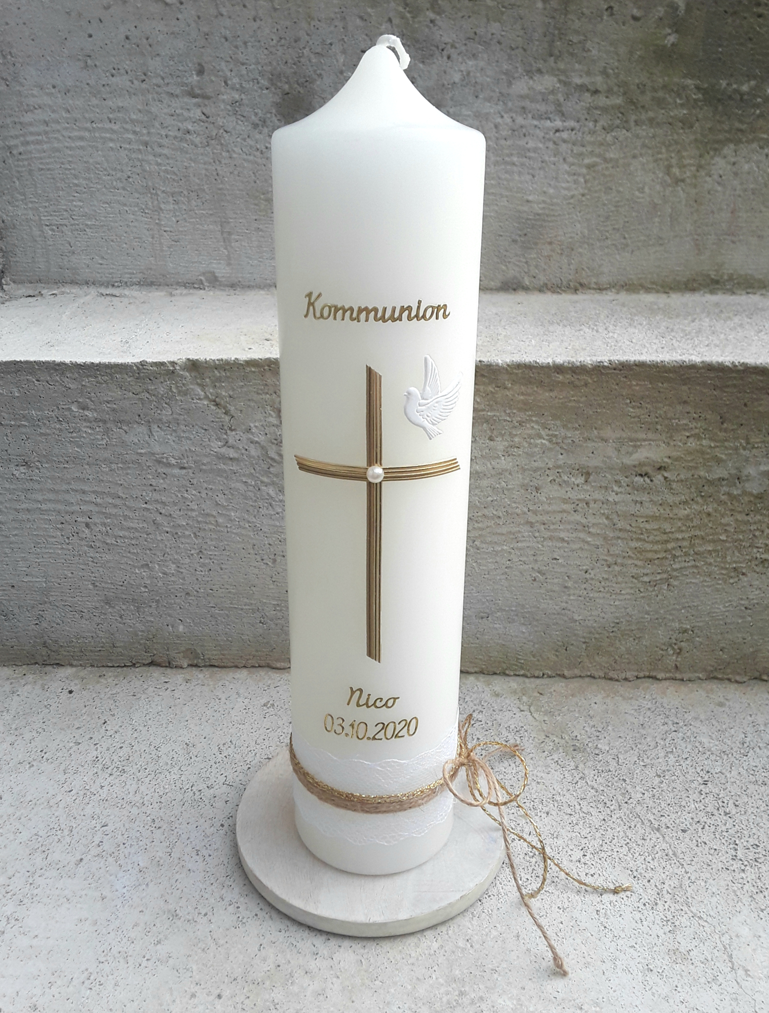 Personalisierte Taufkerze Kommunionskerze weiß creme gold 25x6 cm 25x7 cm 40x4 cm klassisch Kreuz vintage