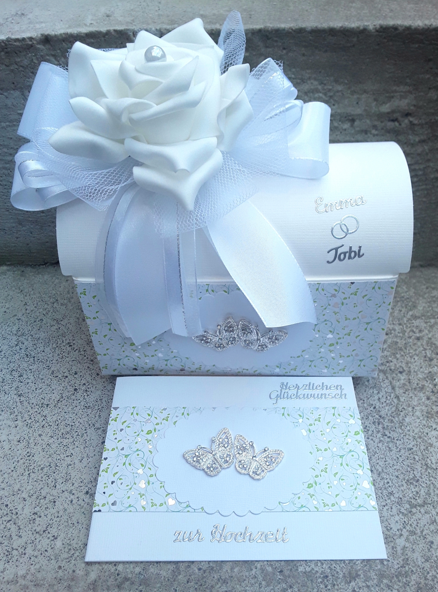 Geschenkbox + Glückwunschkarte Geldgeschenk Hochzeit Glitzerschmetterlinge personalisiert