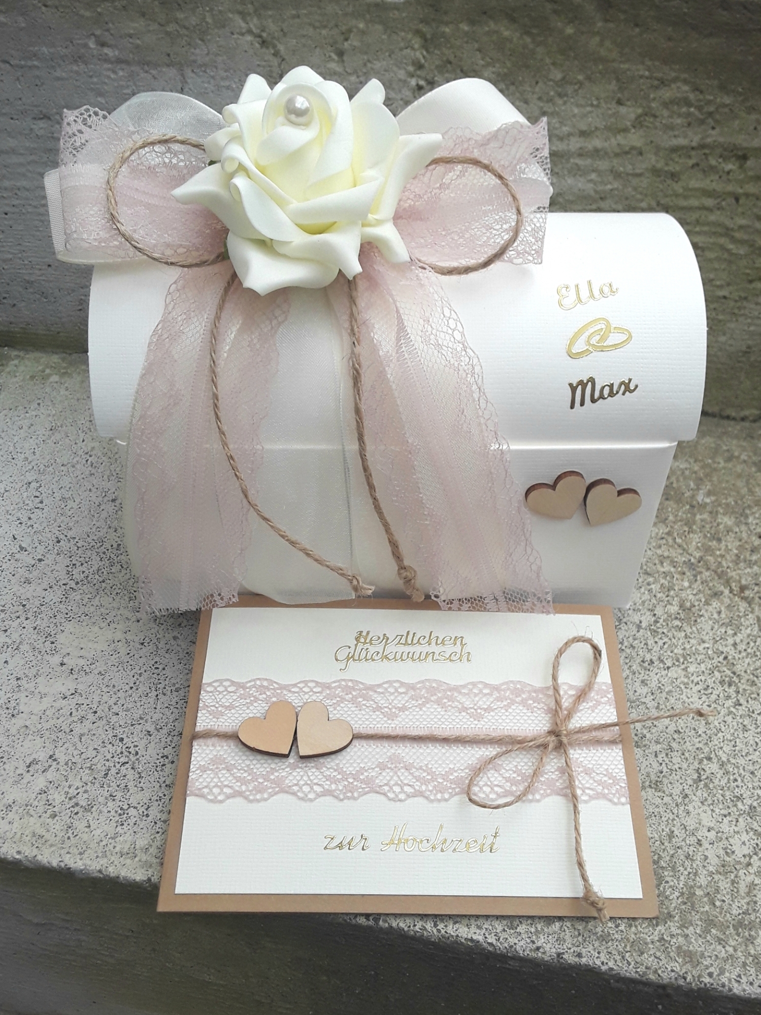 Geschenkbox + Glückwunschkarte Geldgeschenk Hochzeit vintage altrosa creme personalisiert