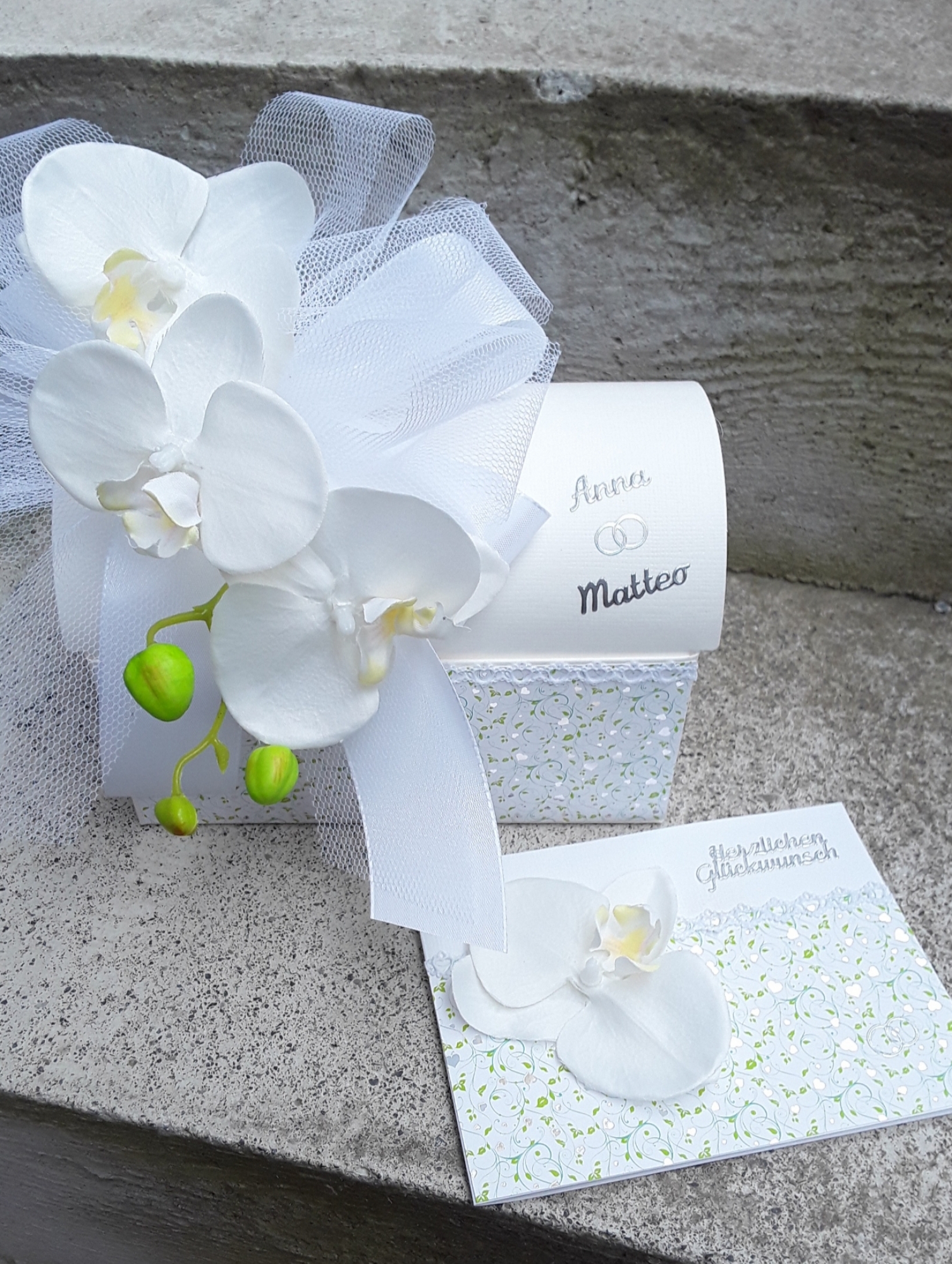 Geschenkbox + Glückwunschkarte Geldgeschenk Hochzeit Orchideen Orchidee personalisiert