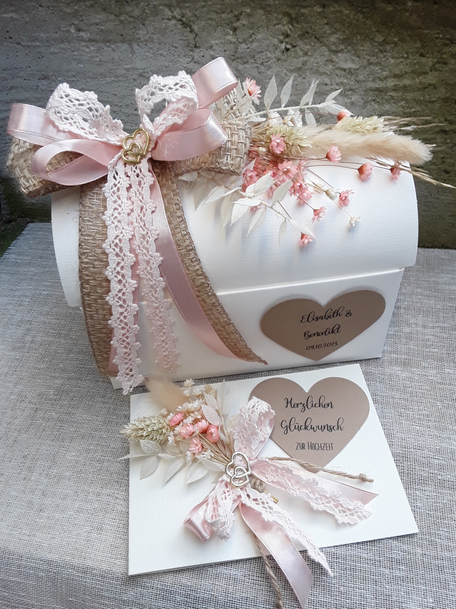Geschenkbox + Glückwunschkarte Trockenblumen Geldgeschenk Hochzeit vintage apricot lachs creme Jute