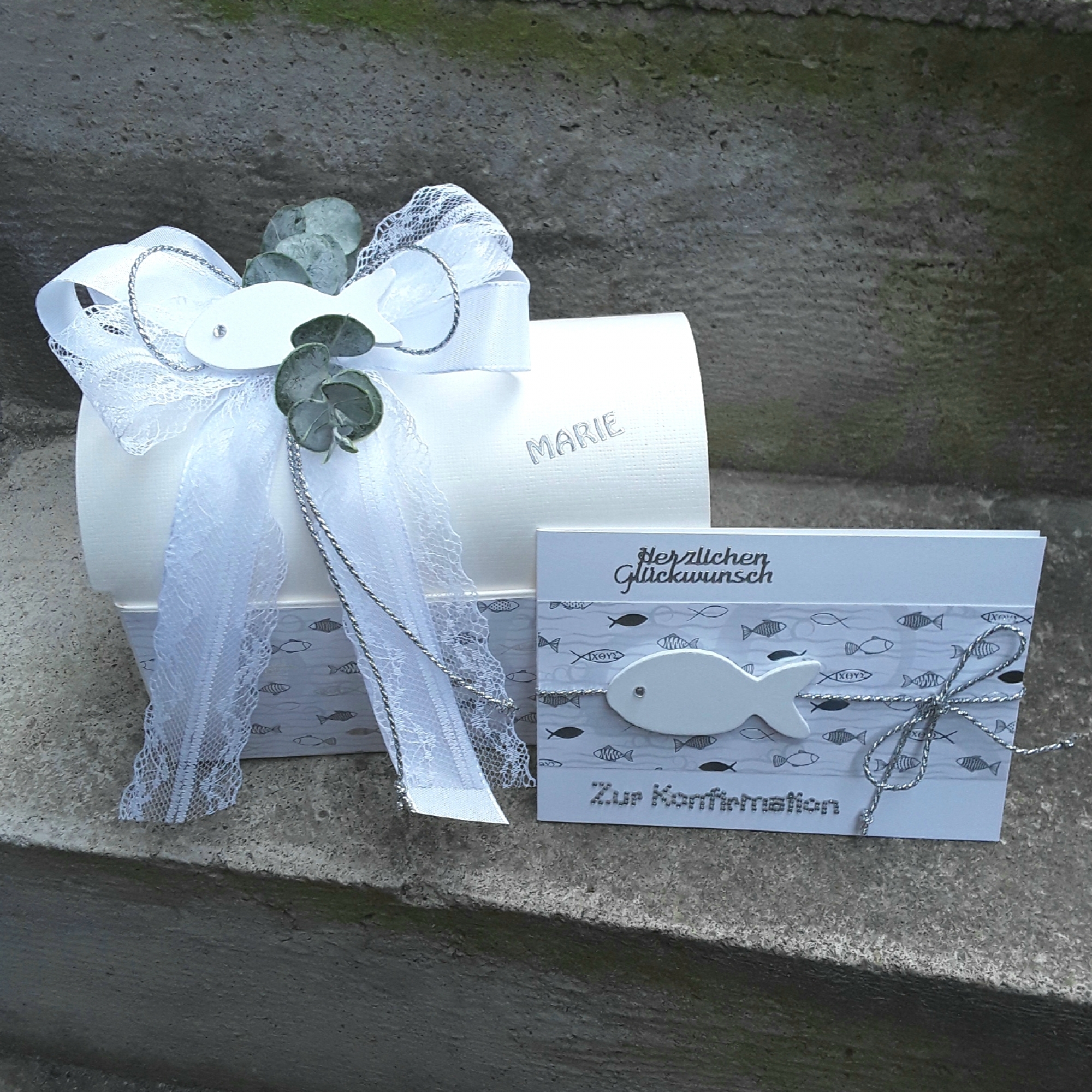 Geschenkbox + Karte f. Geldgeschenke Taufe, Kommunion, Konfirmation silber Fische