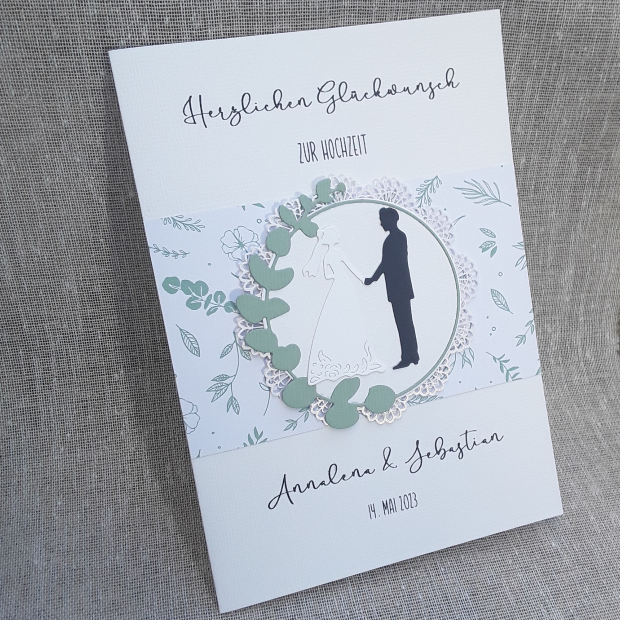 XXL Glückwunschkarte zur Hochzeit A5 weiß greenery Eukalyptus Brautpaar personalisiert