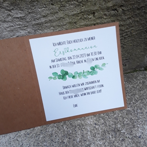 Einladungskarte zur Kommunion Konfirmation Taufe Eukalyptus Eukalyptuskranz Kraft vintage greenery Hochzeit