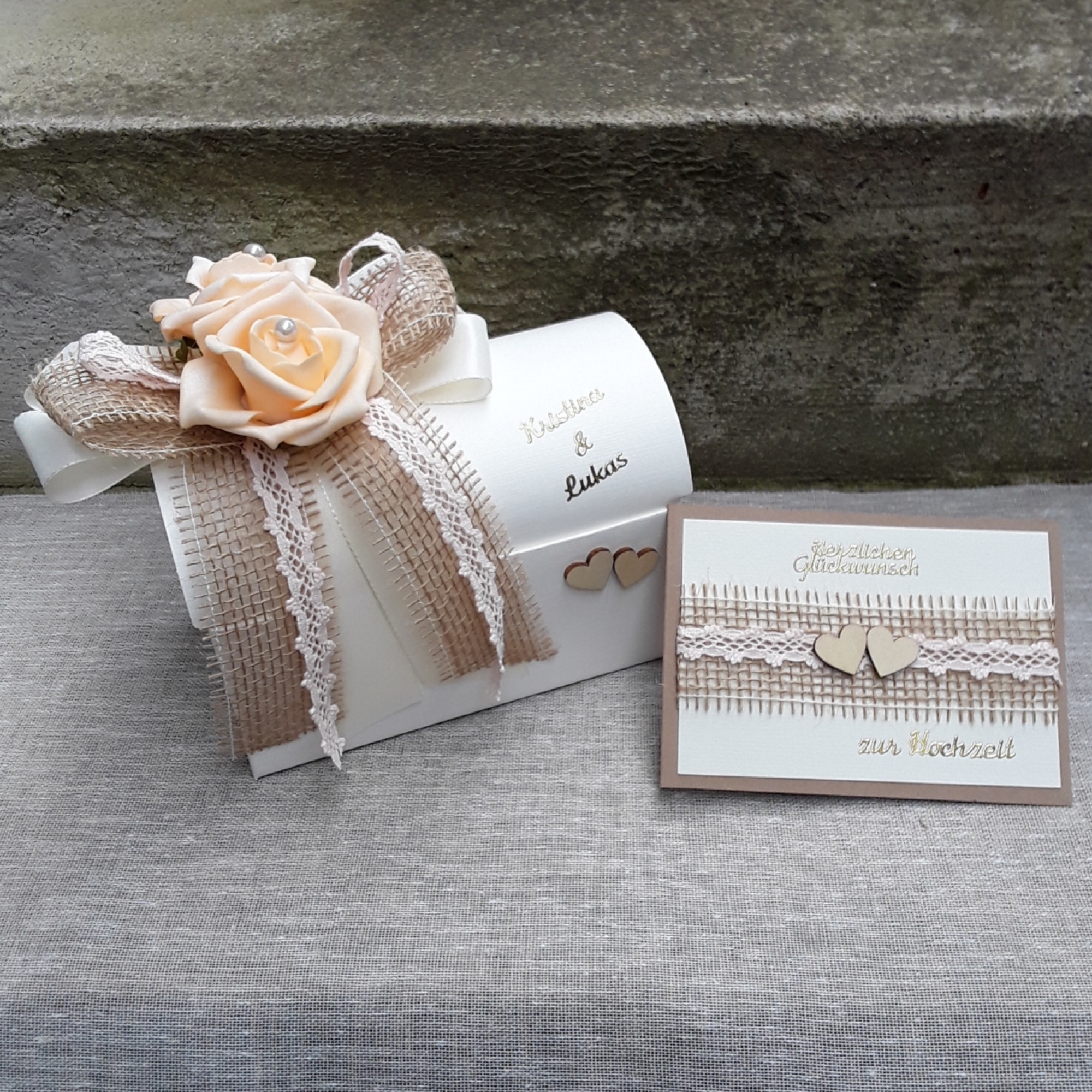 Geschenkbox + Glückwunschkarte Geldgeschenk Hochzeit vintage apricot lachs creme Jute
