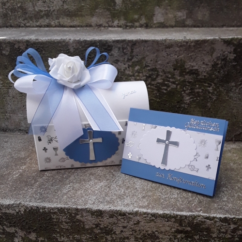 Edle Geschenkbox + Karte zur Kommunion, Konfirmation o. Taufe rosa hellblau weiß kirchliche Motive