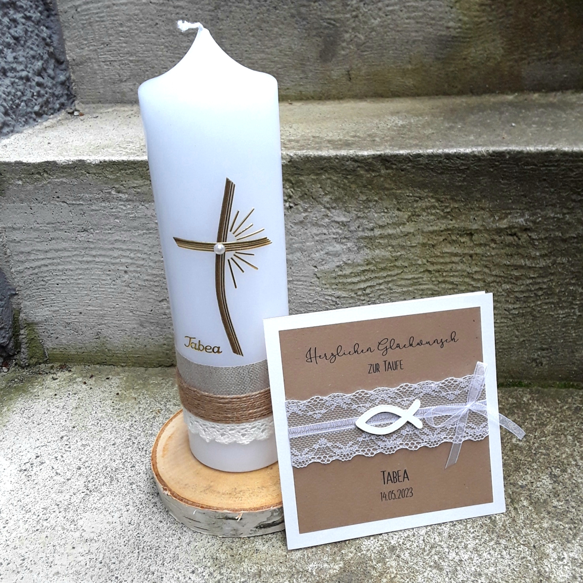 Personalisierte Taufkerze mit Trockenblumen Taufe vintage creme gold 25x7 cm Kommunion Konfirmation