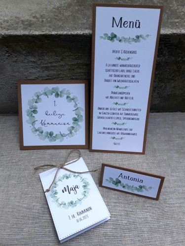 Einladungskarte zur Kommunion Konfirmation Taufe Eukalyptus Eukalyptuskranz Kraft vintage greenery Zwillinge