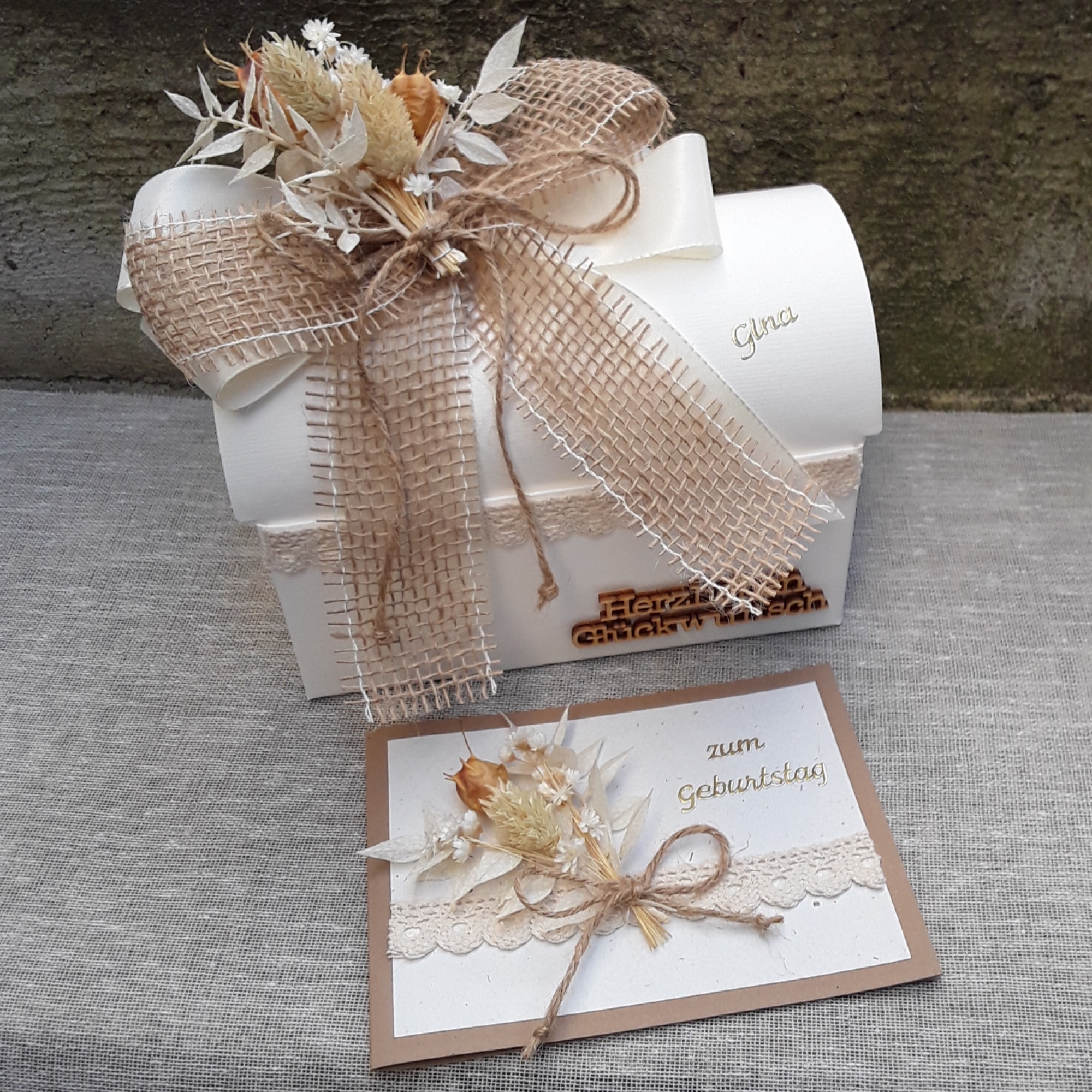 Geschenkbox + Glückwunschkarte Trockenblumen Geldgeschenk Geburtstag Hochzeit vintage apricot lachs creme Jute