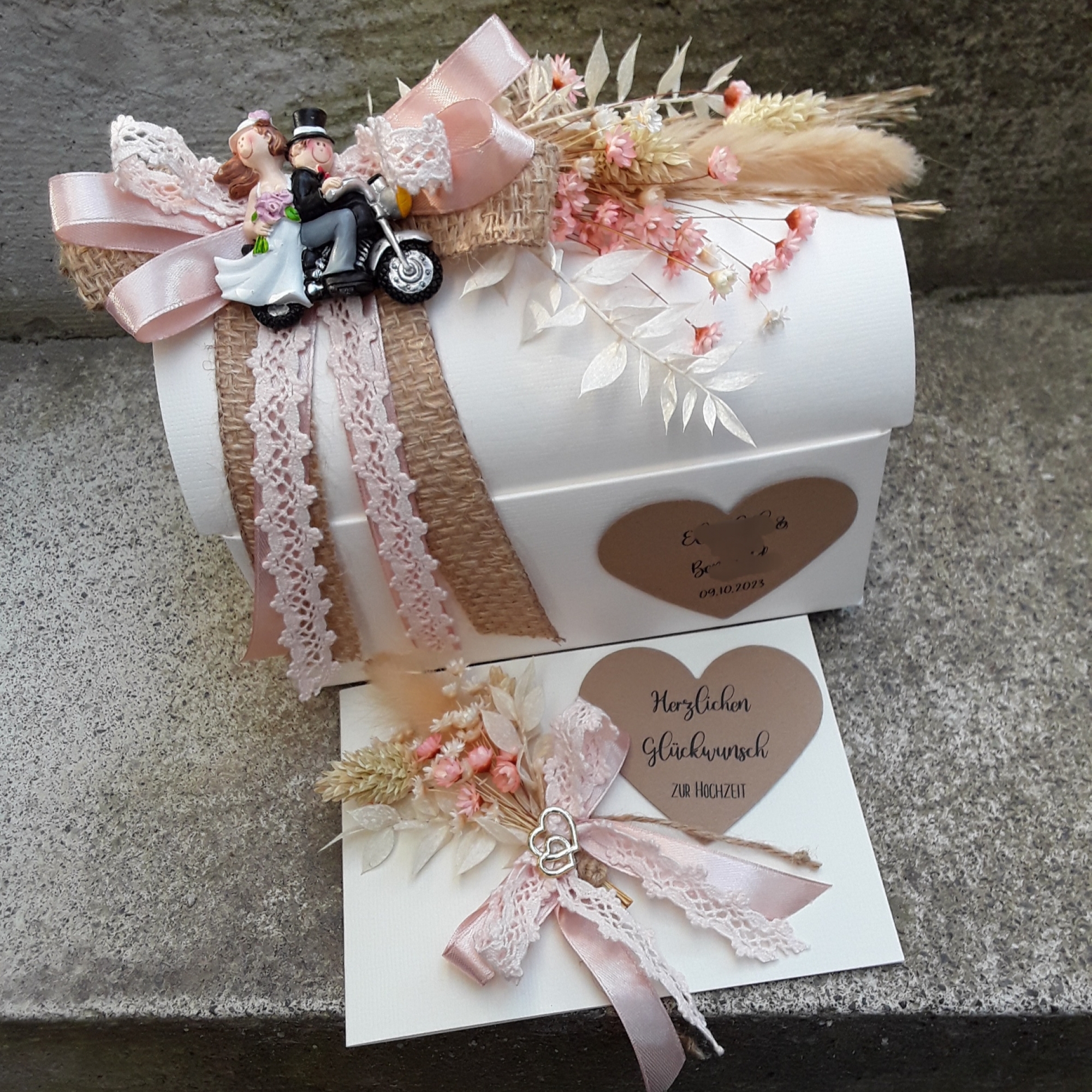 Geschenkbox + Glückwunschkarte Trockenblumen Geldgeschenk Hochzeit vintage Motorrad