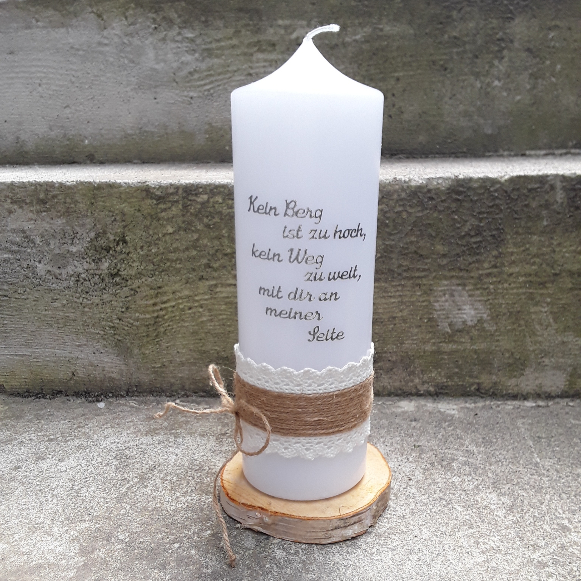 Hochzeitskerze Kerze Hochzeit vintage creme gold silber creme 25x8 cm weiss weiß Eheringe Jute Birkenherzen auch mit Trauspruch Spruch