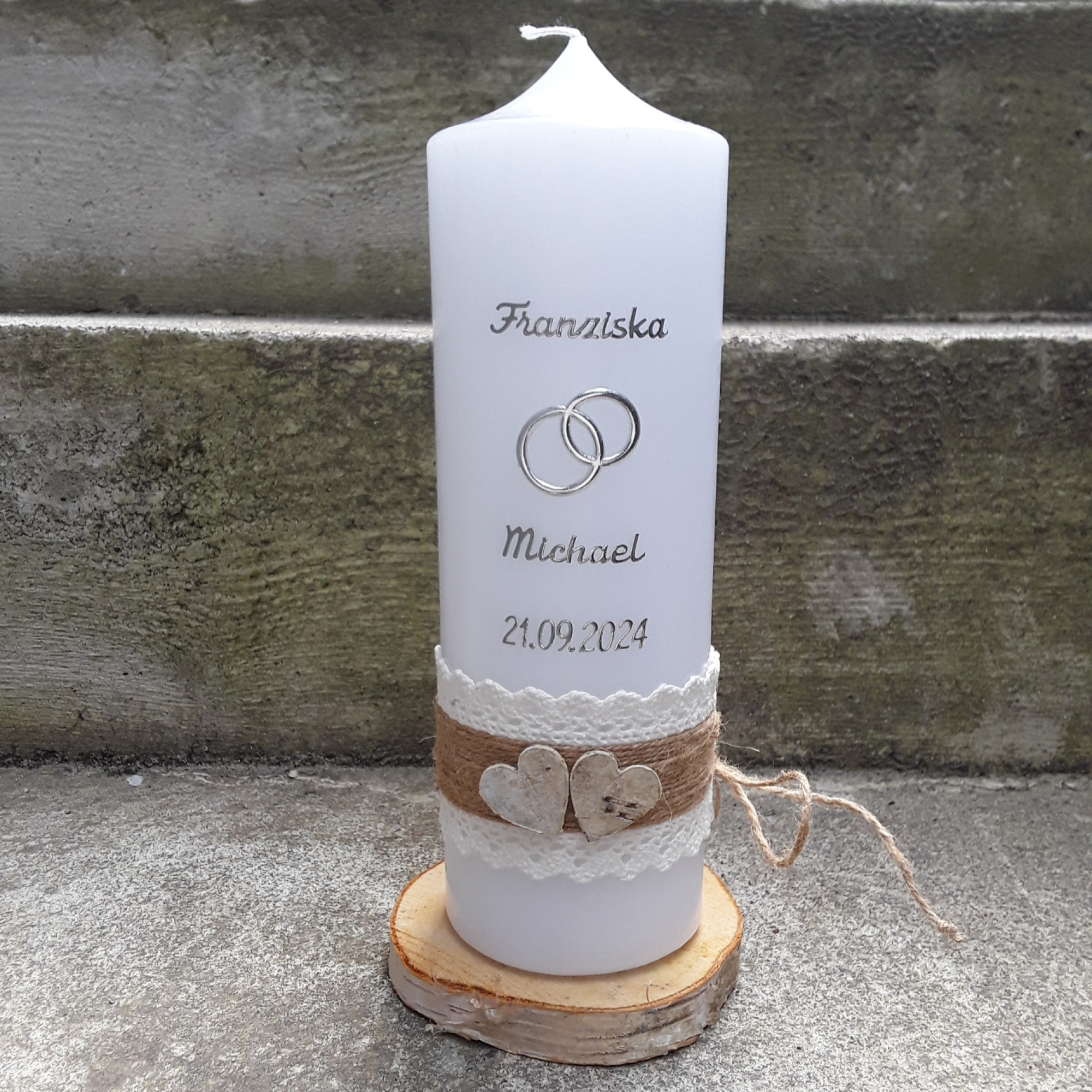 Hochzeitskerze Kerze Hochzeit vintage creme gold silber creme 25x8 cm weiss weiß Eheringe Jute Birkenherzen auch mit Trauspruch Spruch