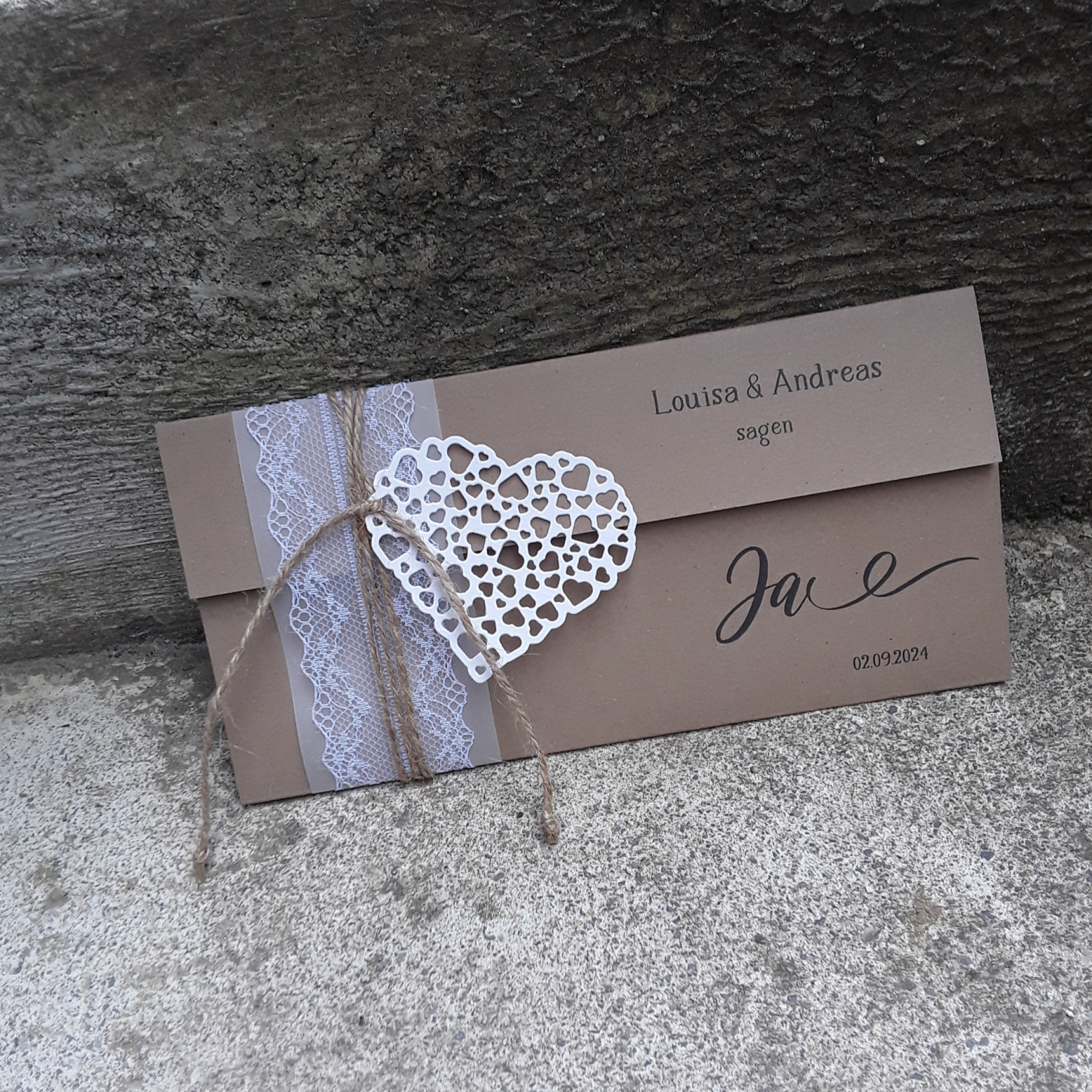 Einladungskarte zur Hochzeit vintage natural Kraft incl. Druck DINlang gefaltet