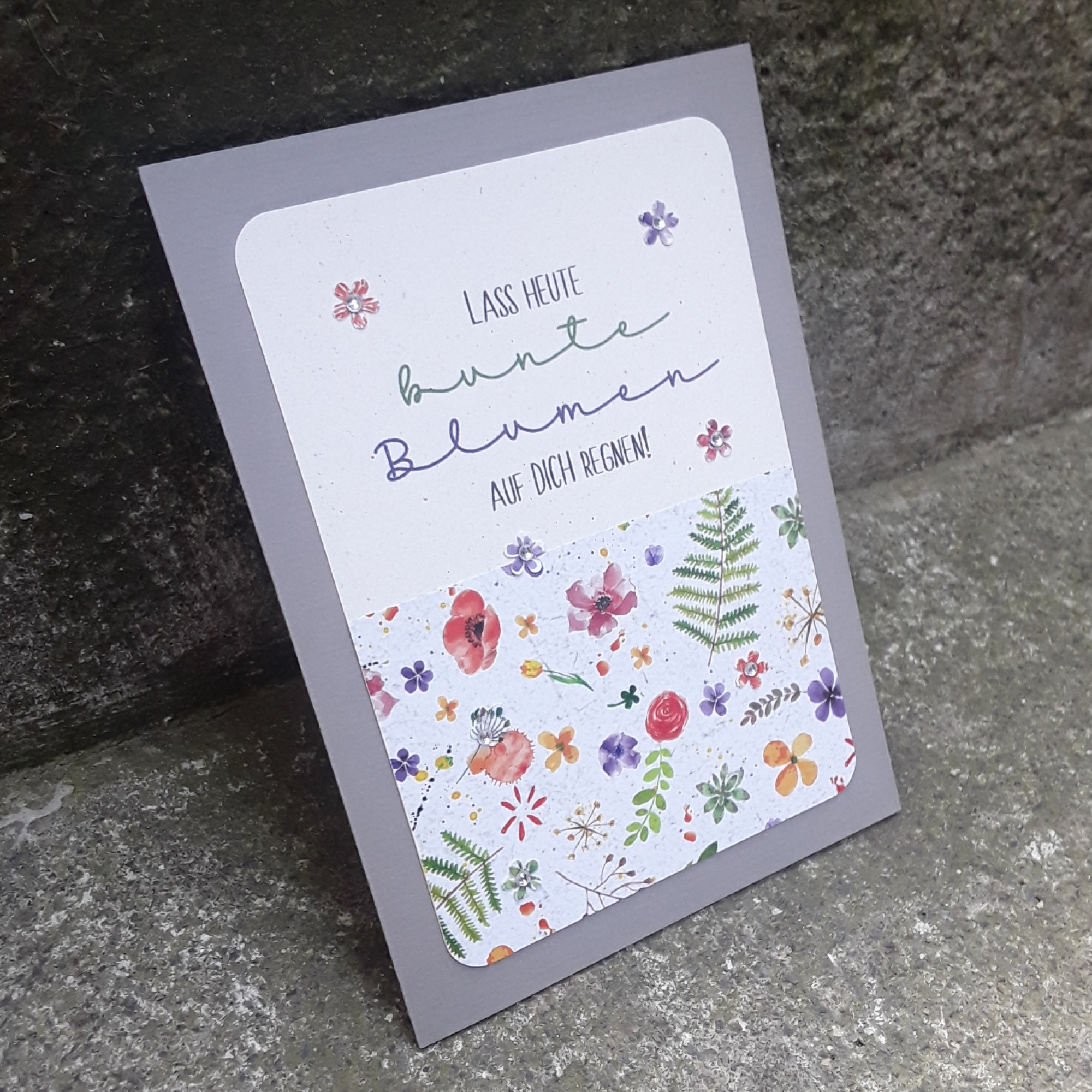 Glückwunschkarte zum Geburtstag Blumen Blumenregen bunte Blumen regnen B6 Blumenwiese taupe