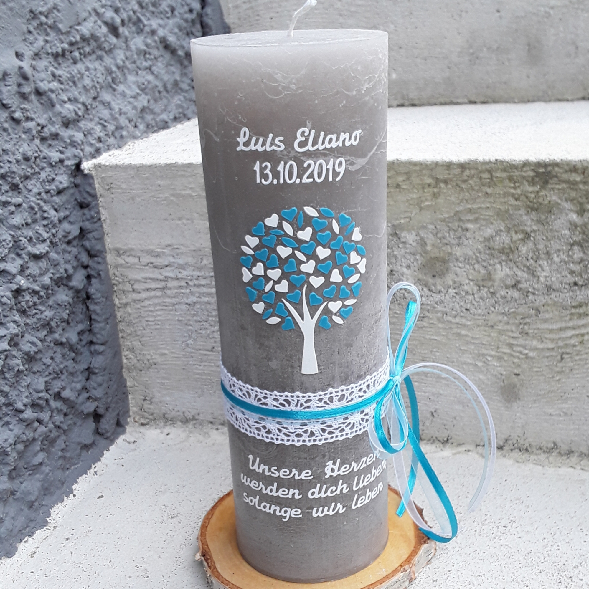 Taufkerze Kommunionkerze Konfirmation Hochzeitskerze Lebensbaum rustikal taupe türkis