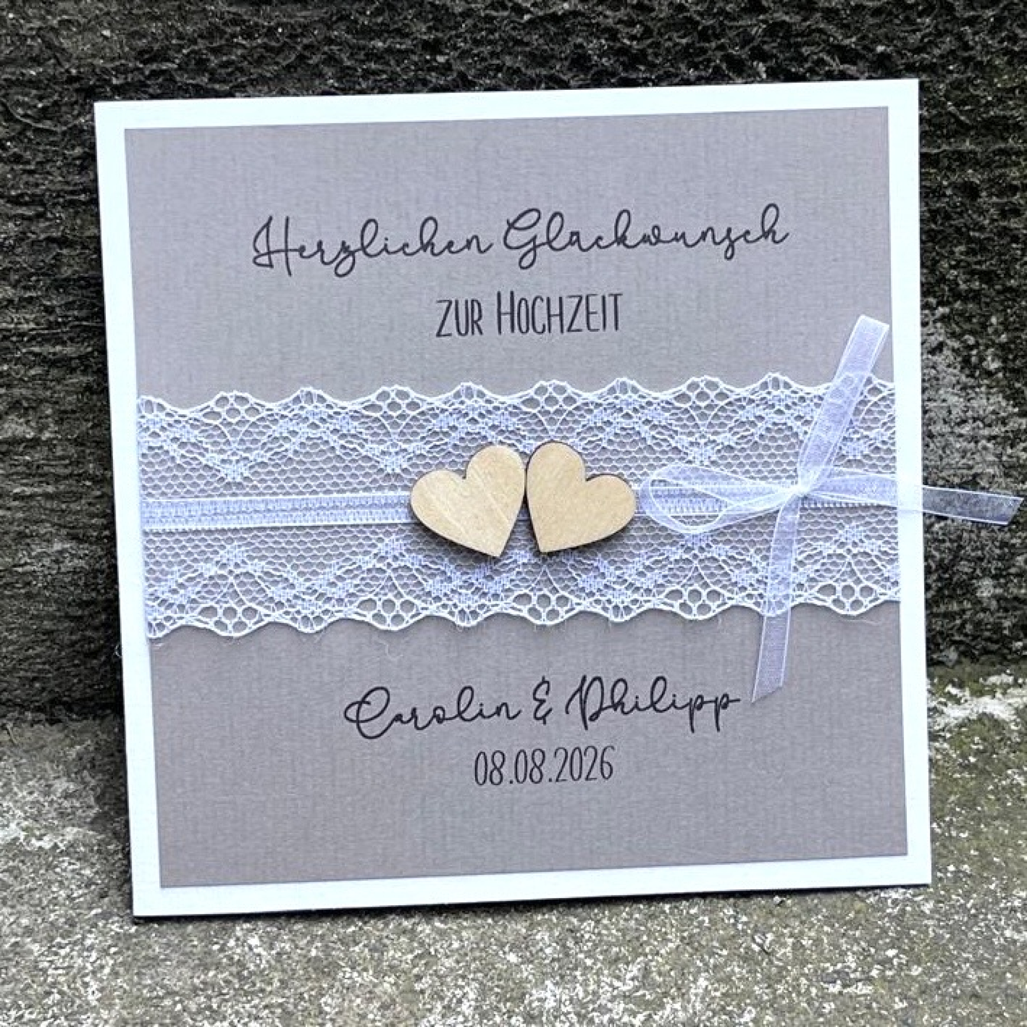 Preview: Personalisierte Glückwunschkarte zur Hochzeit - Kraft oder Taupe mit Spitze im Vintage-Stil