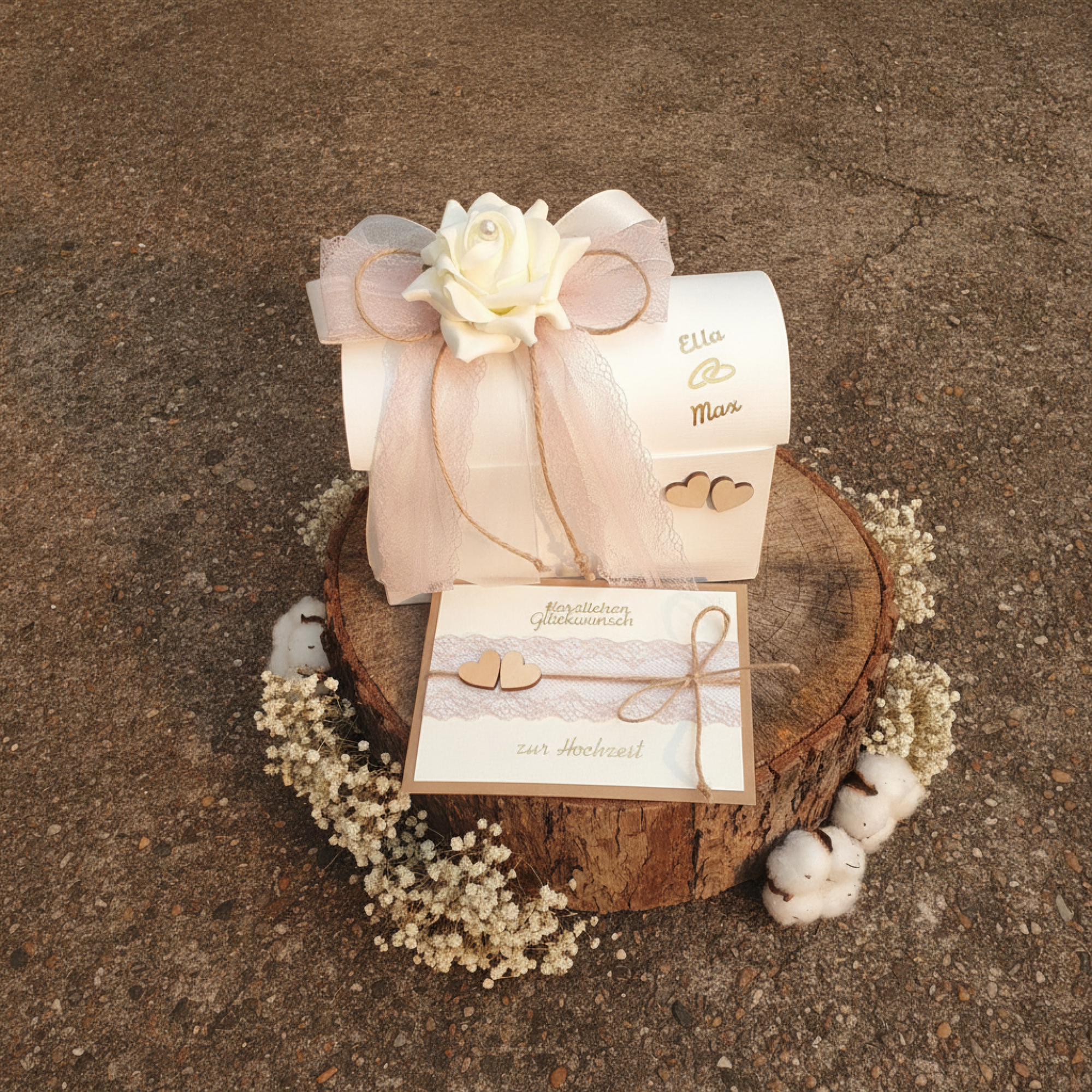 Geschenkbox + Glückwunschkarte Geldgeschenk Hochzeit vintage altrosa creme personalisiert