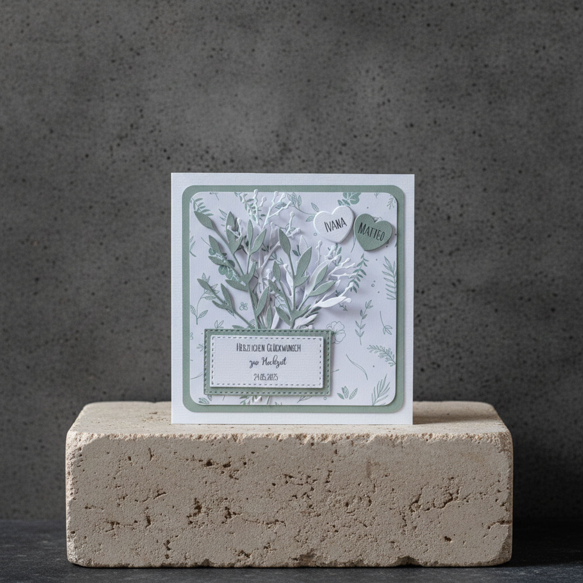 Glückwunschkarte zur Hochzeit Geburtstag personalisiert weiß eukalyptusgrün Eukalyptus Zweige Strauß Blumen Herzen 15,5x15,5 cm