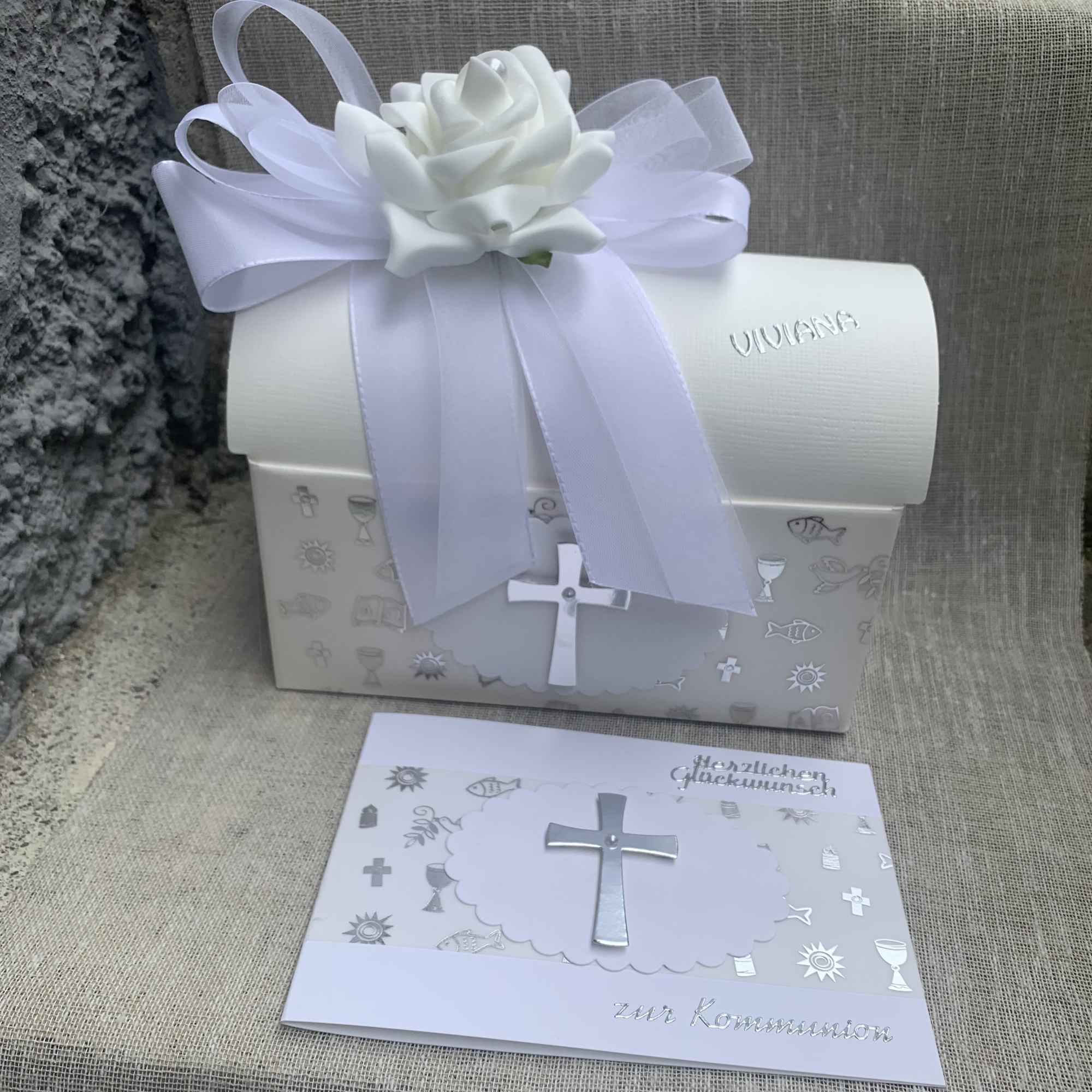 Edle Geschenkbox + Karte zur Kommunion, Konfirmation o. Taufe altrosa blau weiß flieder mint silber kirchliche Motive