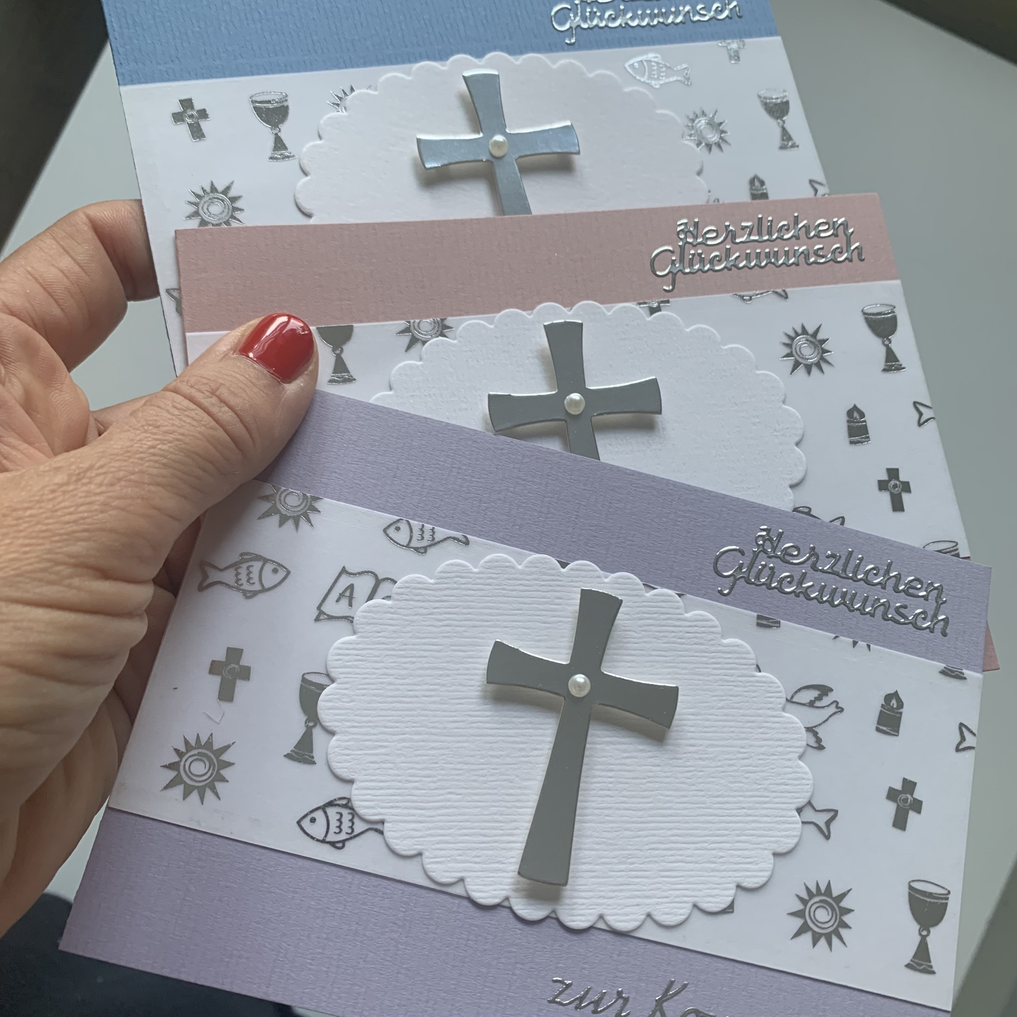 Edle Geschenkbox + Karte zur Kommunion, Konfirmation o. Taufe rosa hellblau weiß silber kirchliche Motive