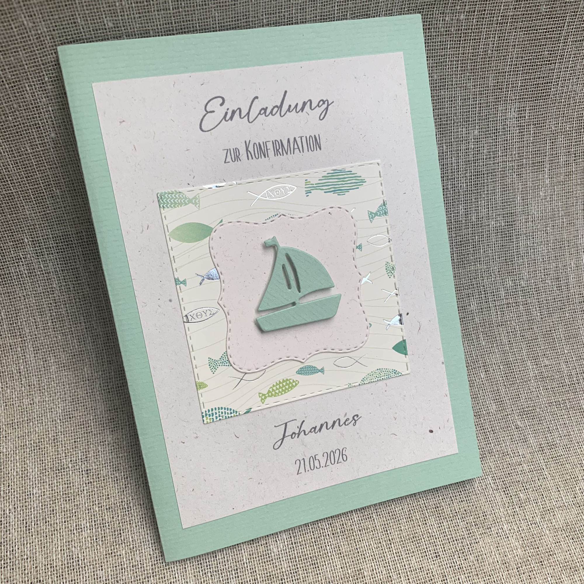 Einladungskarte Boot Schiff Fische mint silber B6 natur zur Kommunion Konfirmation Taufe Firmung