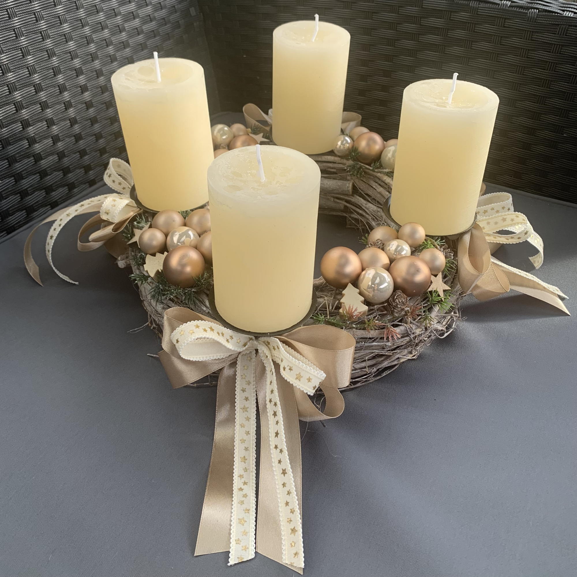 Adventskranz braun Naturtöne rustic creme kupfer beige braun weiss gold Unikat