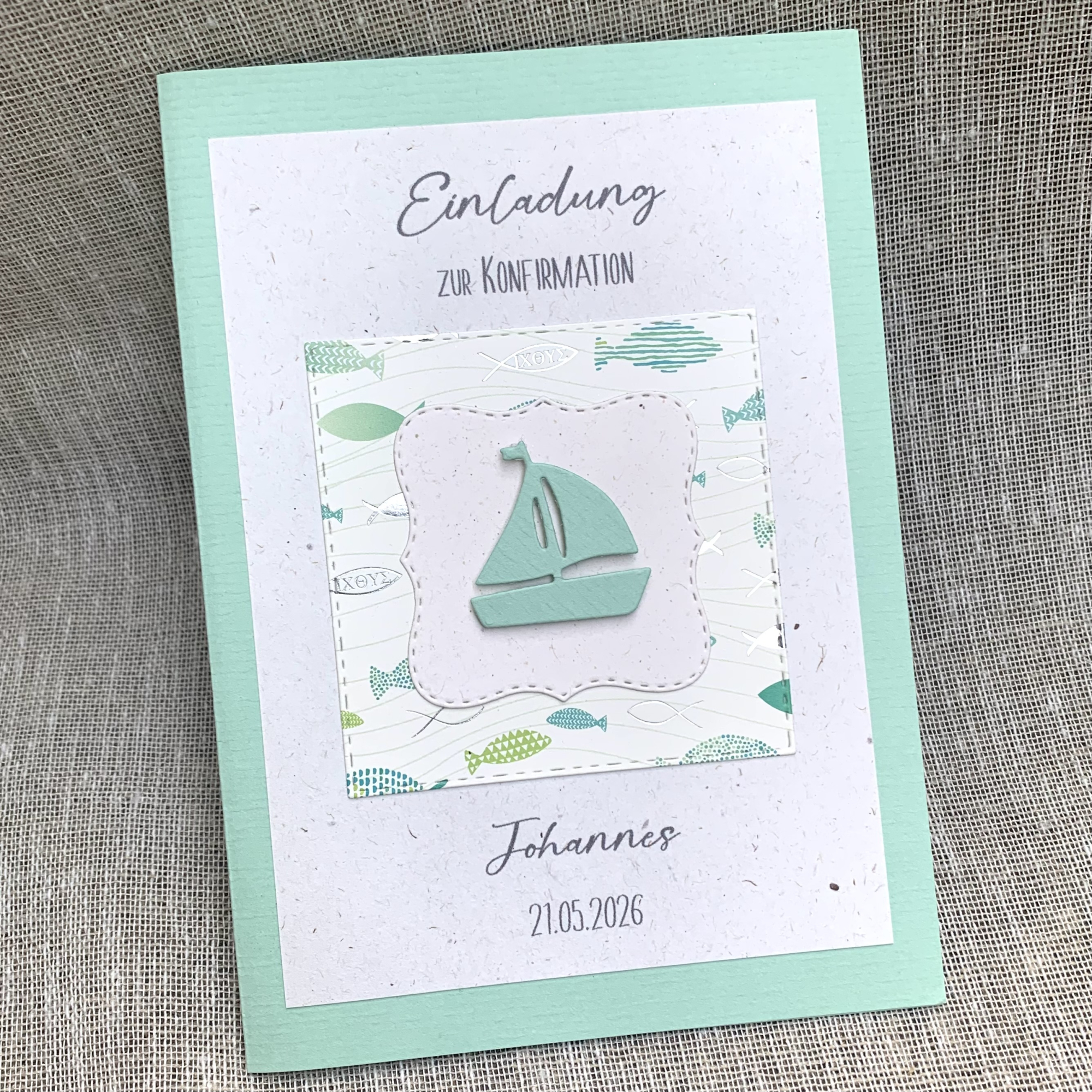 Einladungskarte Boot Schiff Fische mint silber B6 natur zur Kommunion Konfirmation Taufe Firmung