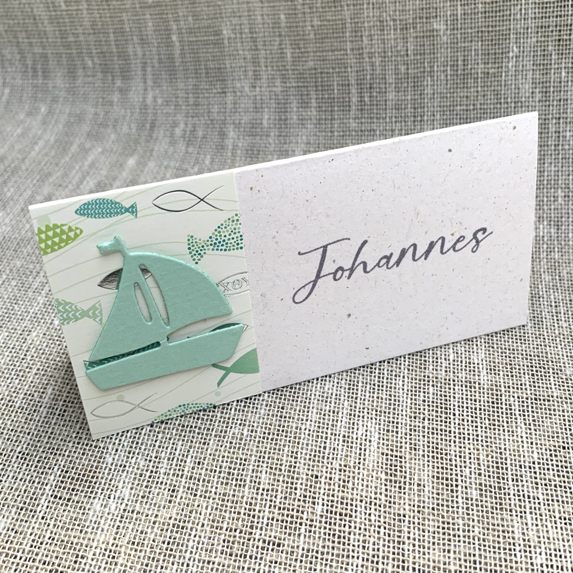 Tischkarte Namenskärtchen Tischkärtchen Boot Schiff Fische mint silber natur zur Kommunion Konfirmation Taufe Firmung