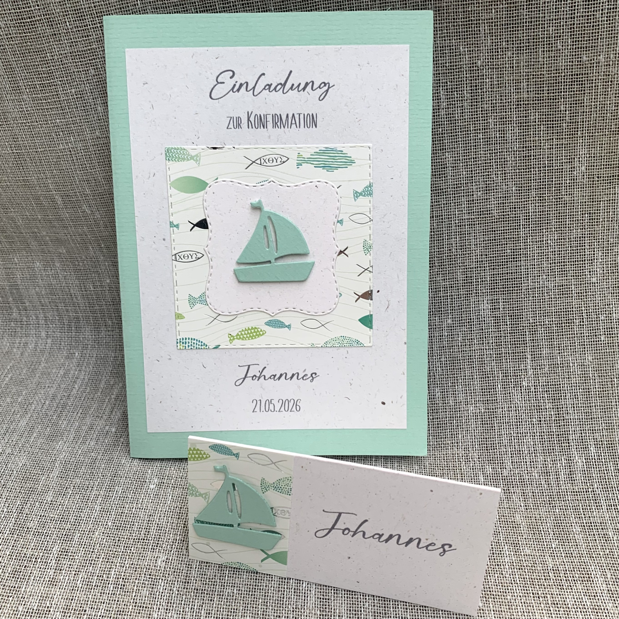 Preview: Einladungskarte Boot Schiff Fische mint silber B6 natur zur Kommunion Konfirmation Taufe Firmung