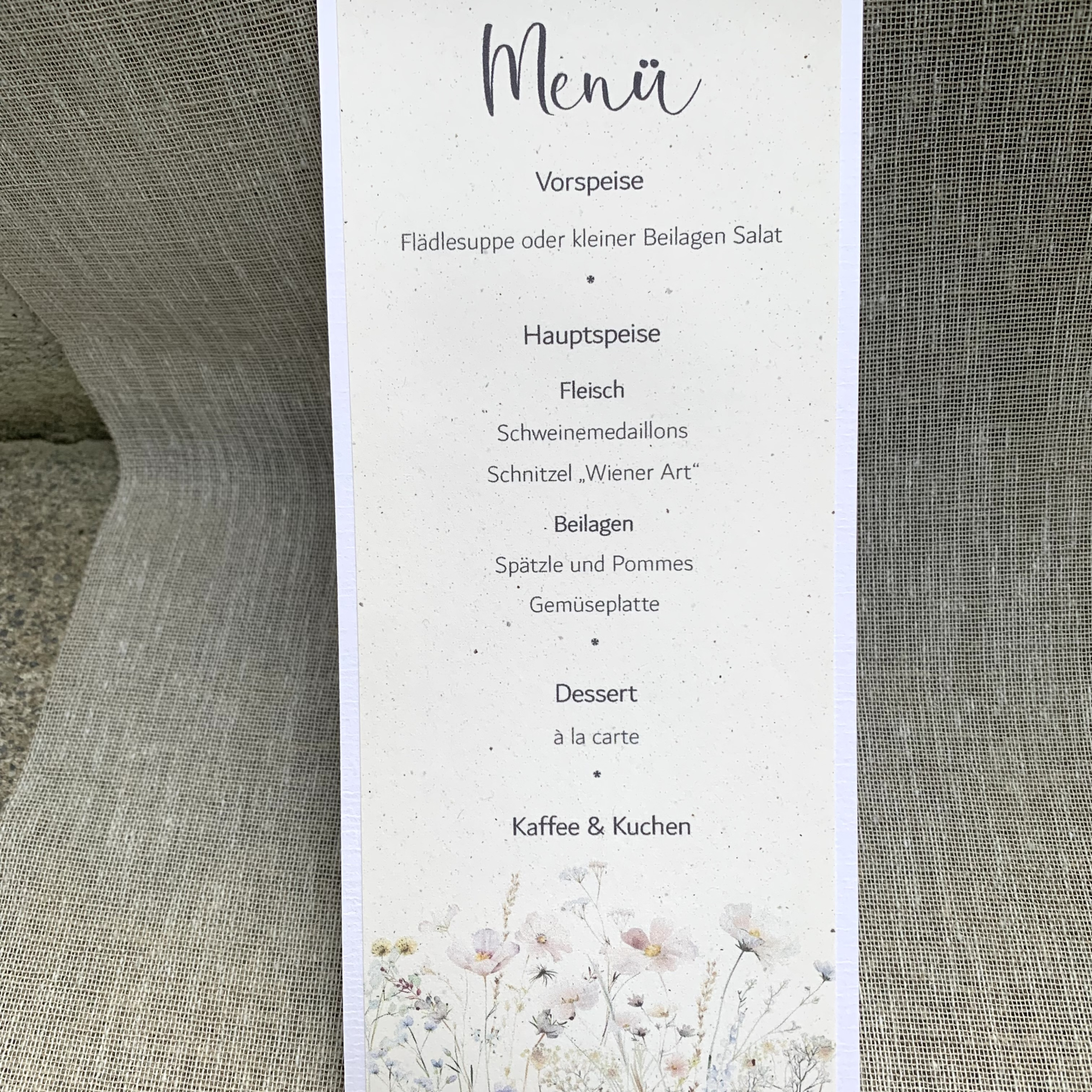 Menükarte Menü DINlang Wildblumen terra vanilla Naturpapier Blumenwiese zur Hochzeit, Taufe, Kommunion, Konfirmation beige weiß altrosa