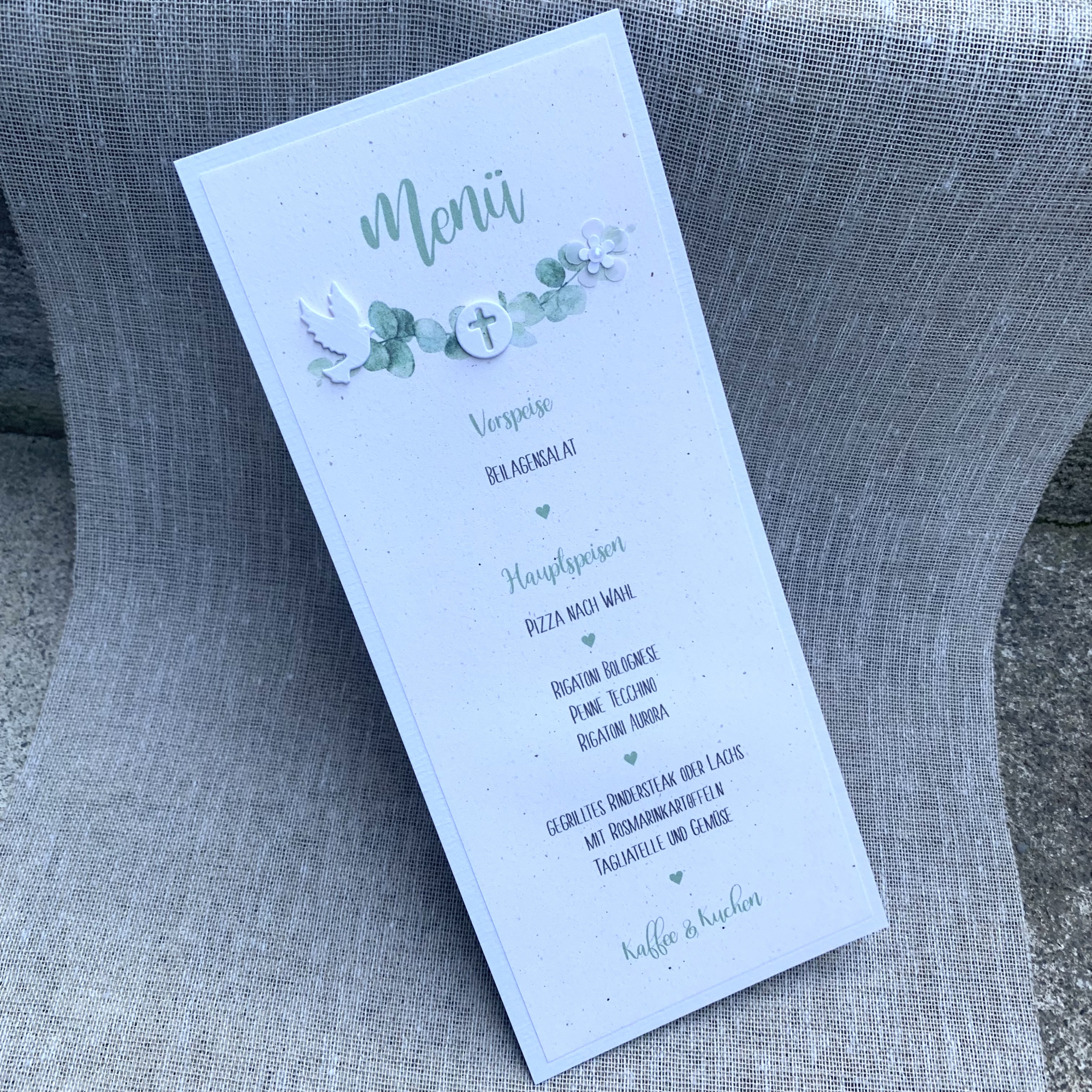 Menükarte DINlang Eukalyptus incl. Druck Taube Hostie Kommunion Konfirmation Taufe mint terra vanilla