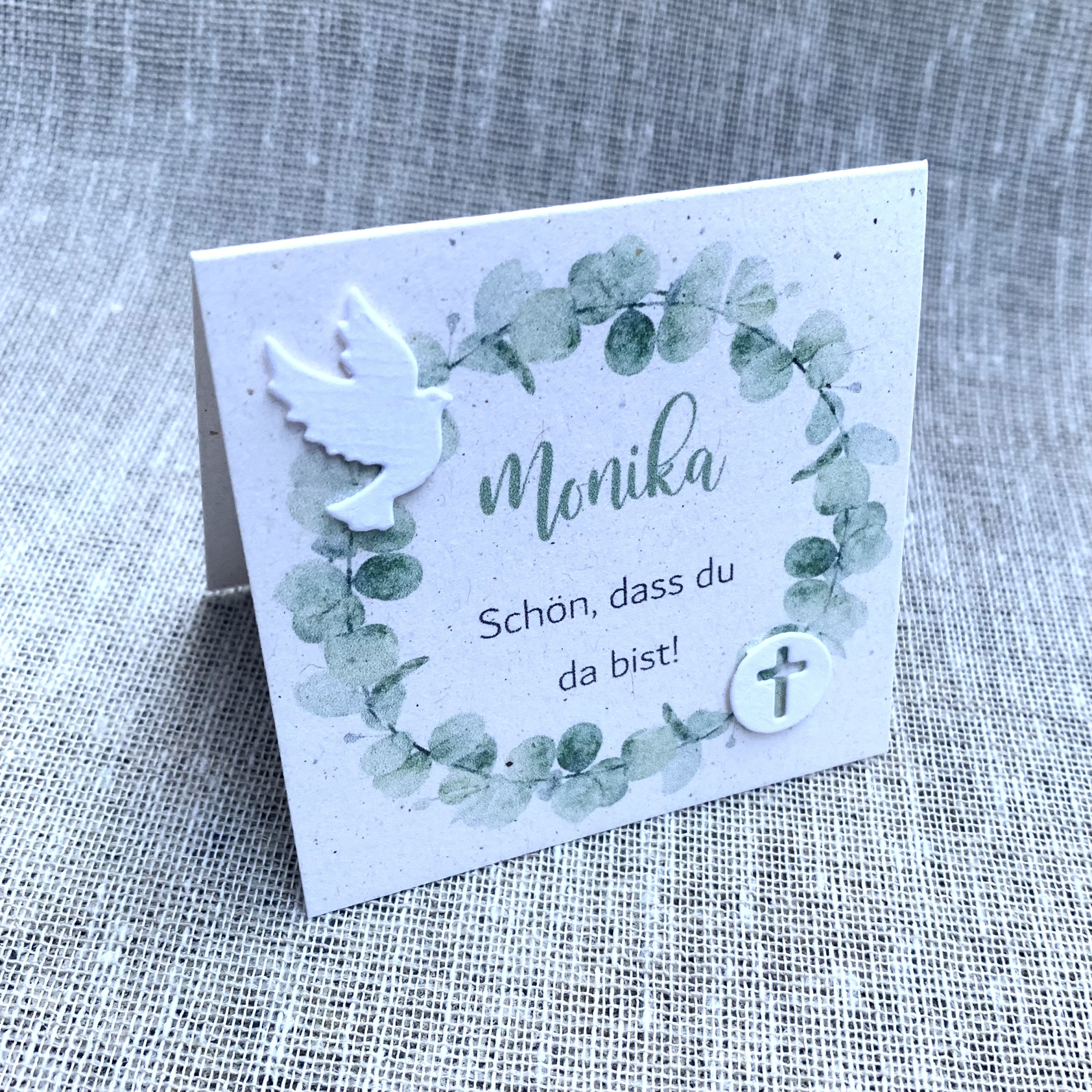 Tischkarte Namenskärtchen quadratisch Eukalyptus incl. Druck Taube Hostie Kommunion Konfirmation Taufe mint terra vanilla