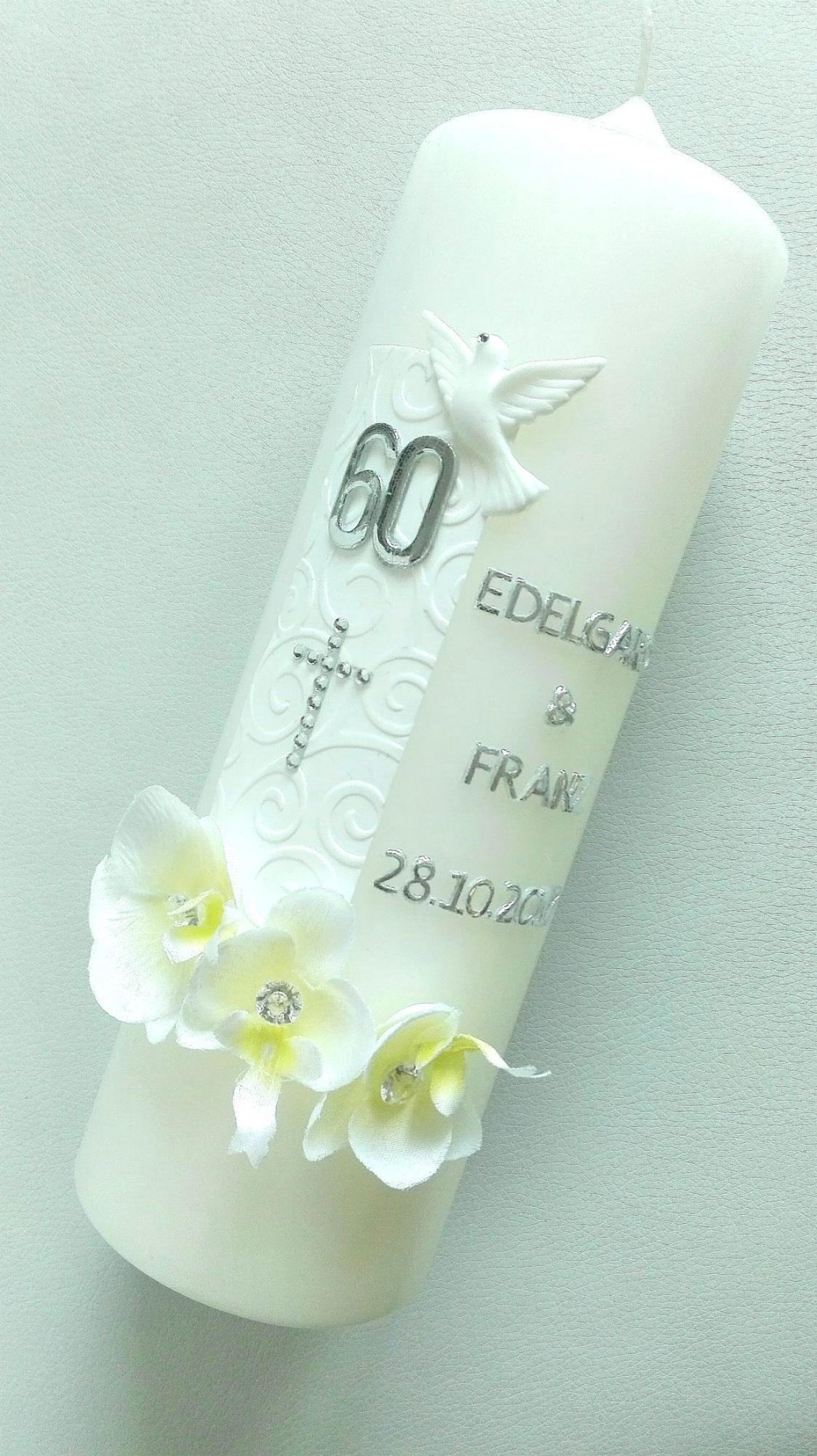 Kerze zur Diamantenen Hochzeit Diamanthochzeit Diamant Orchideen sehr edel 25x8 cm goldene Hochzeit