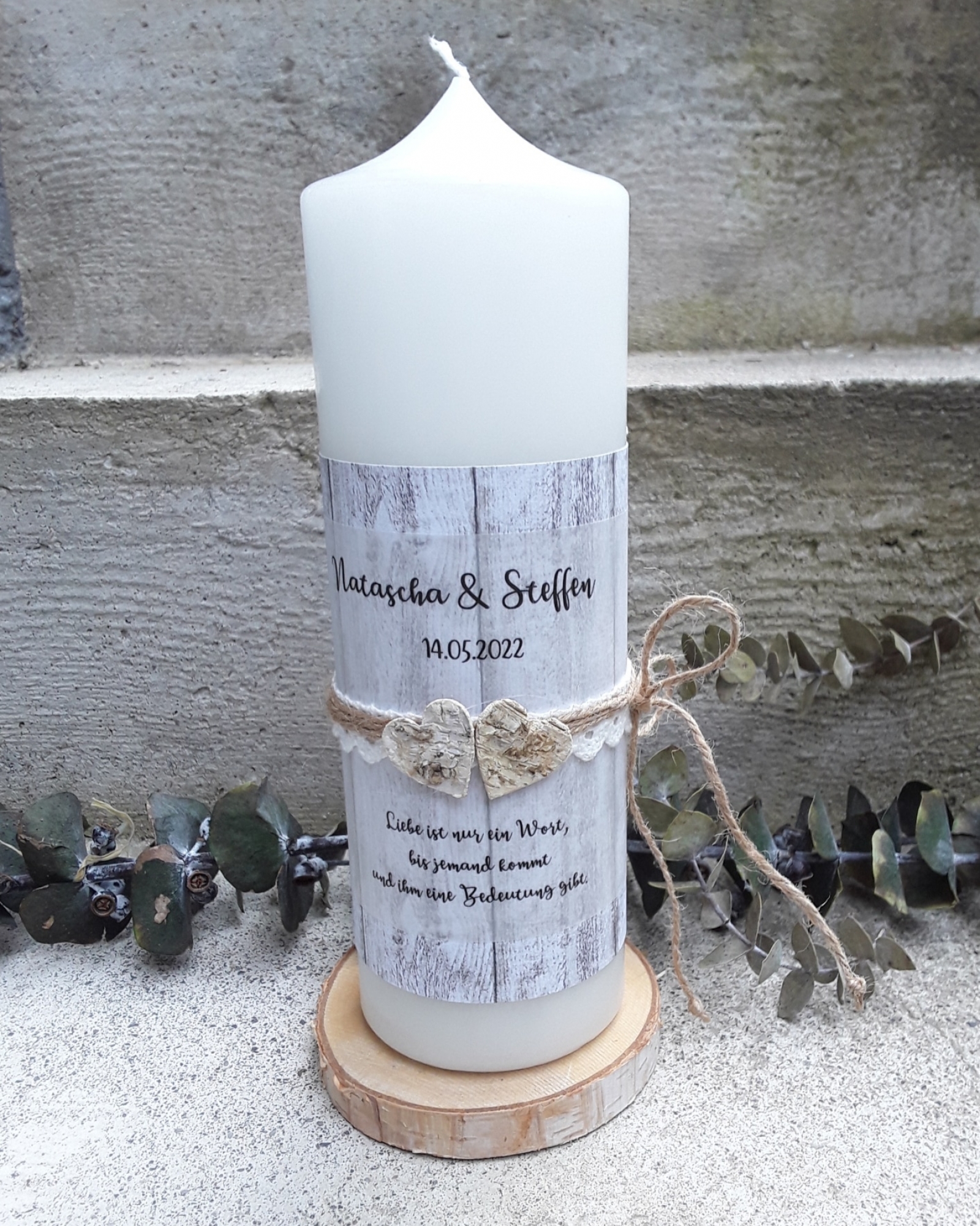 Hochzeitskerze Holzoptik rustikal vintage creme 25x8 cm weiss weiß