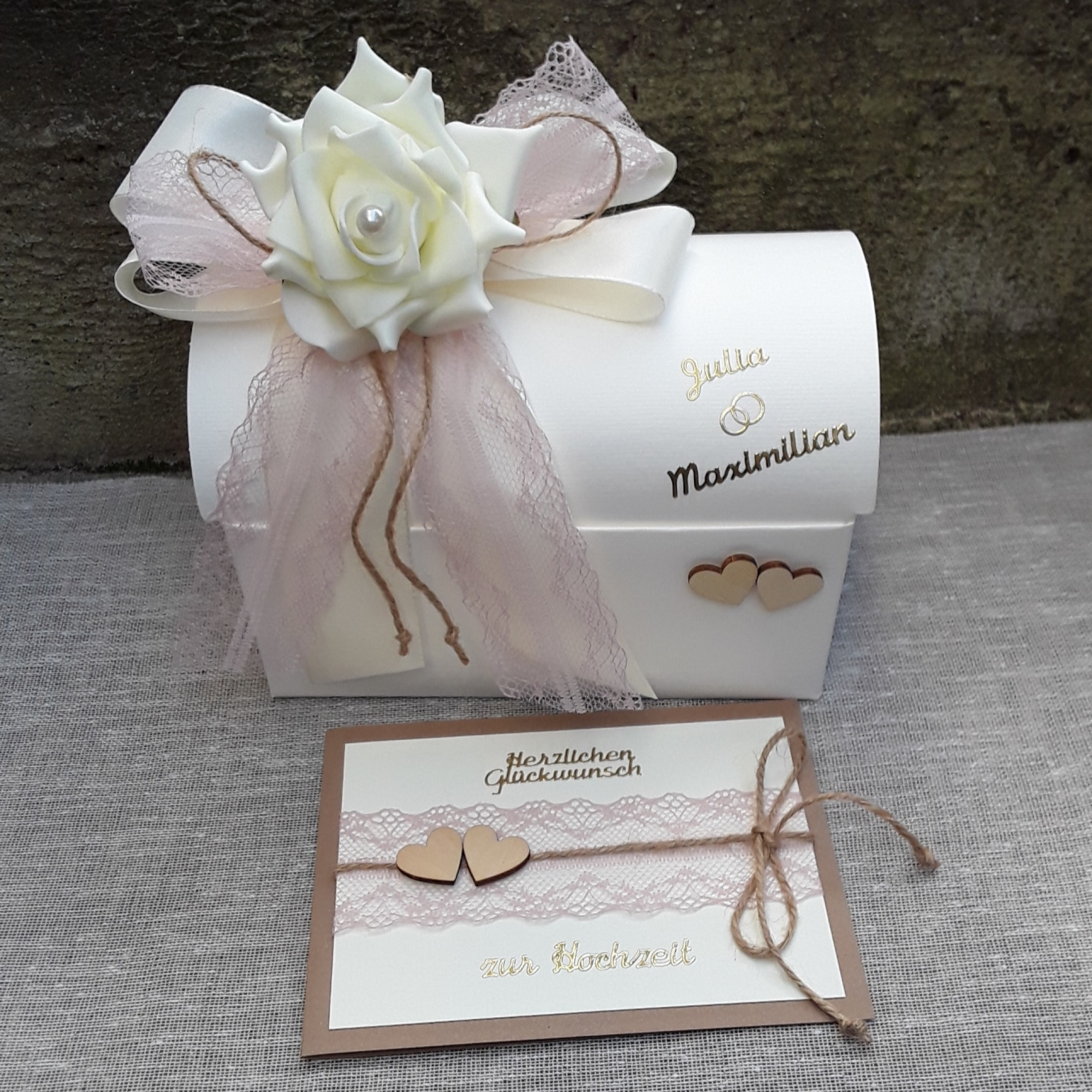 Geschenkbox + Glückwunschkarte Geldgeschenk Hochzeit vintage altrosa creme personalisiert