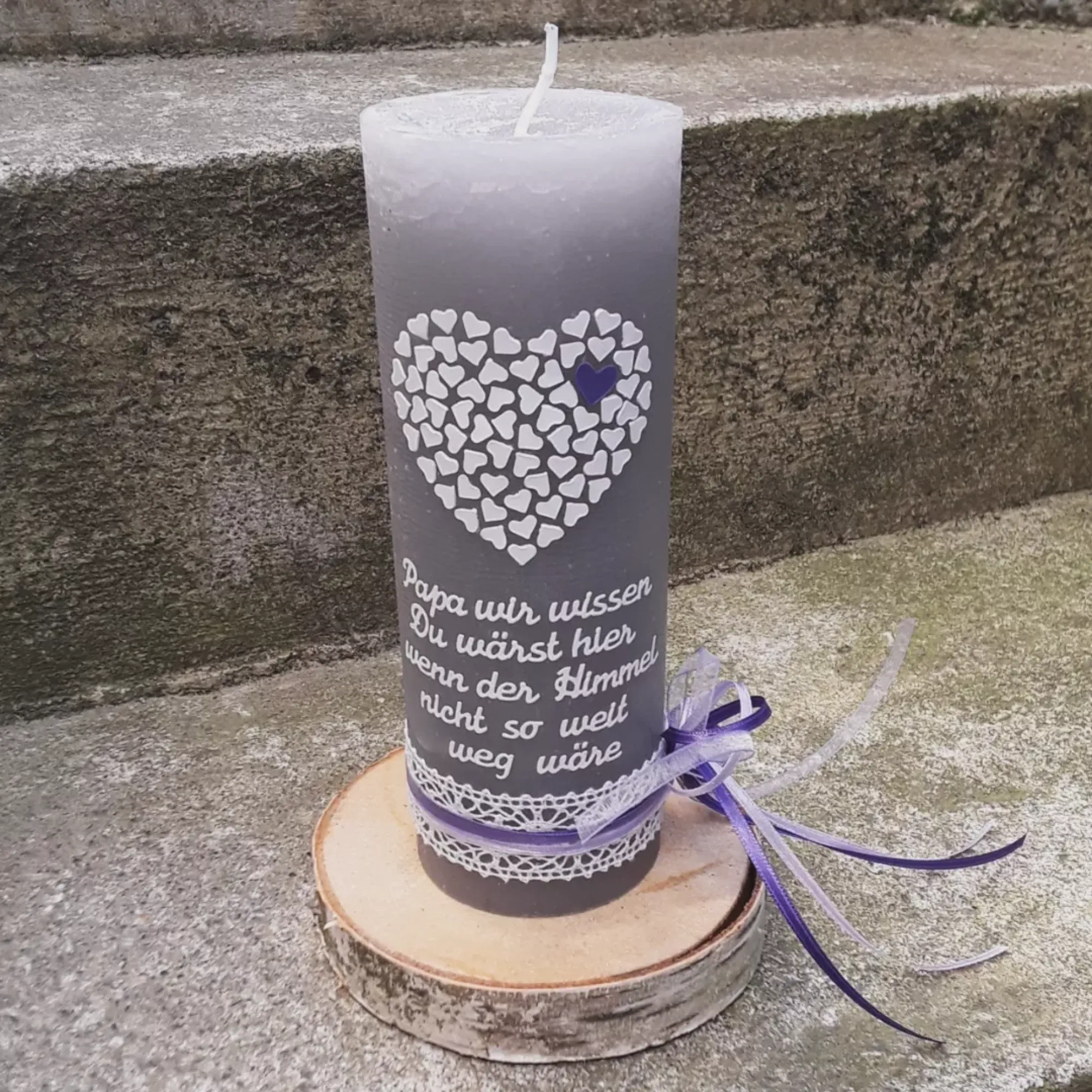 Preview: Gedenkkerze Trauerkerze rustic rustikal grau Hochzeit Hochzeitskerze Herzchen