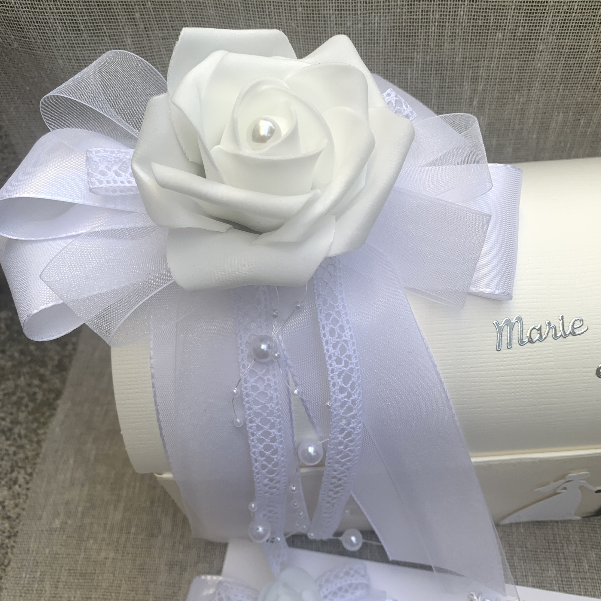 Preview: Personalisierte Geschenkbox f. Geldgeschenke Geldgeschenk + Karte zur Hochzeit Brautpaar weiß