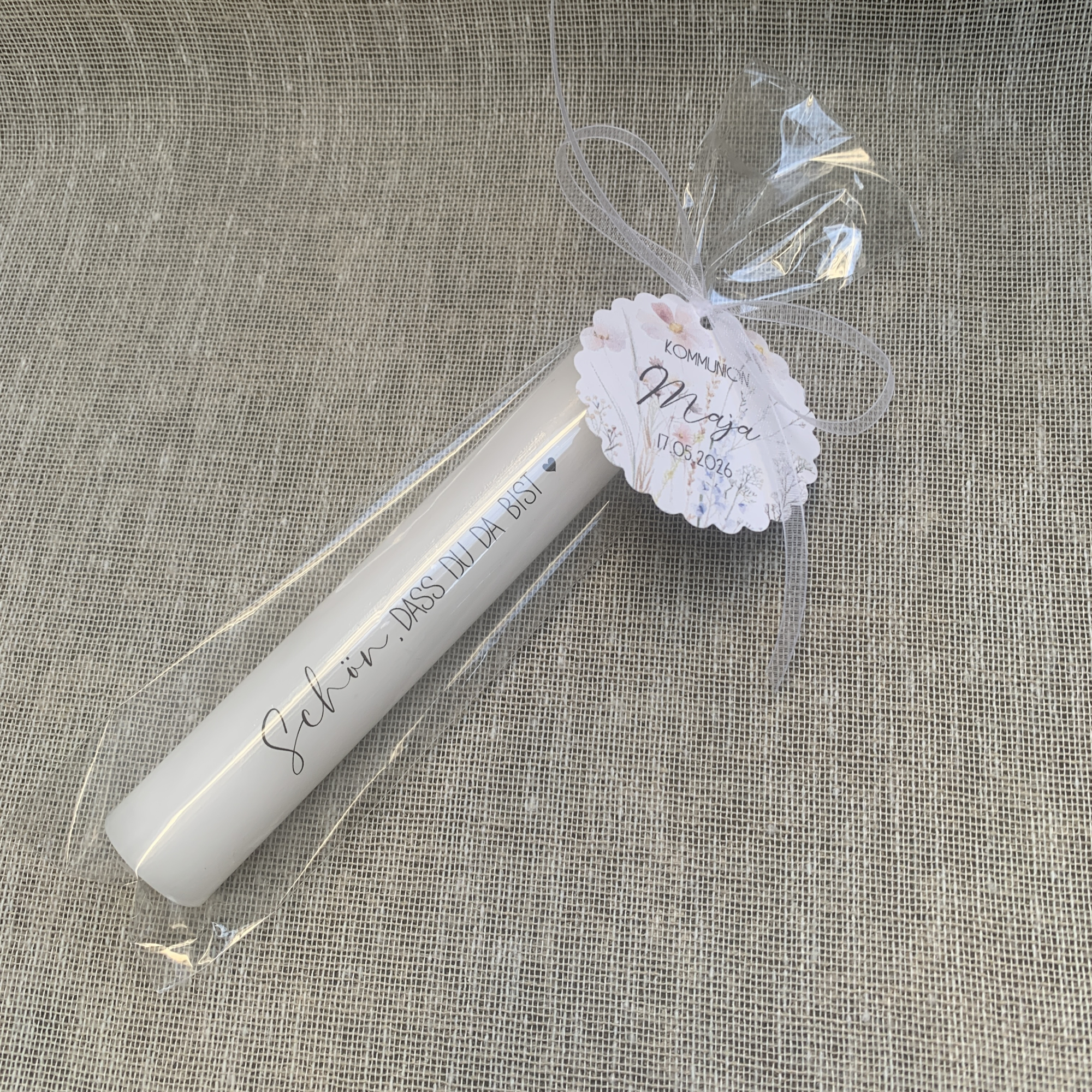 Gastgeschenk kleine Kerze Stabkerze Schön, dass Du da bist personalisiert Geschenk Taufe Kommunion Konfirmation Firmung Hochzeit