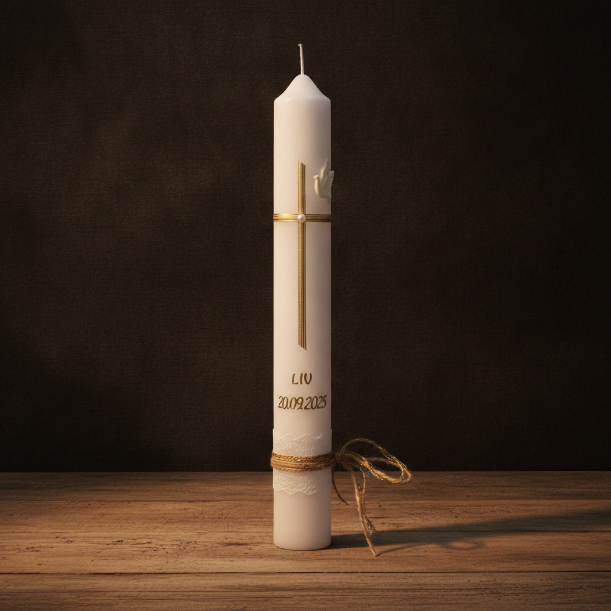 Kommunionkerze Kommunionskerze 40x4 cm schlicht creme weiß vintage Spitze gold Taufkerze