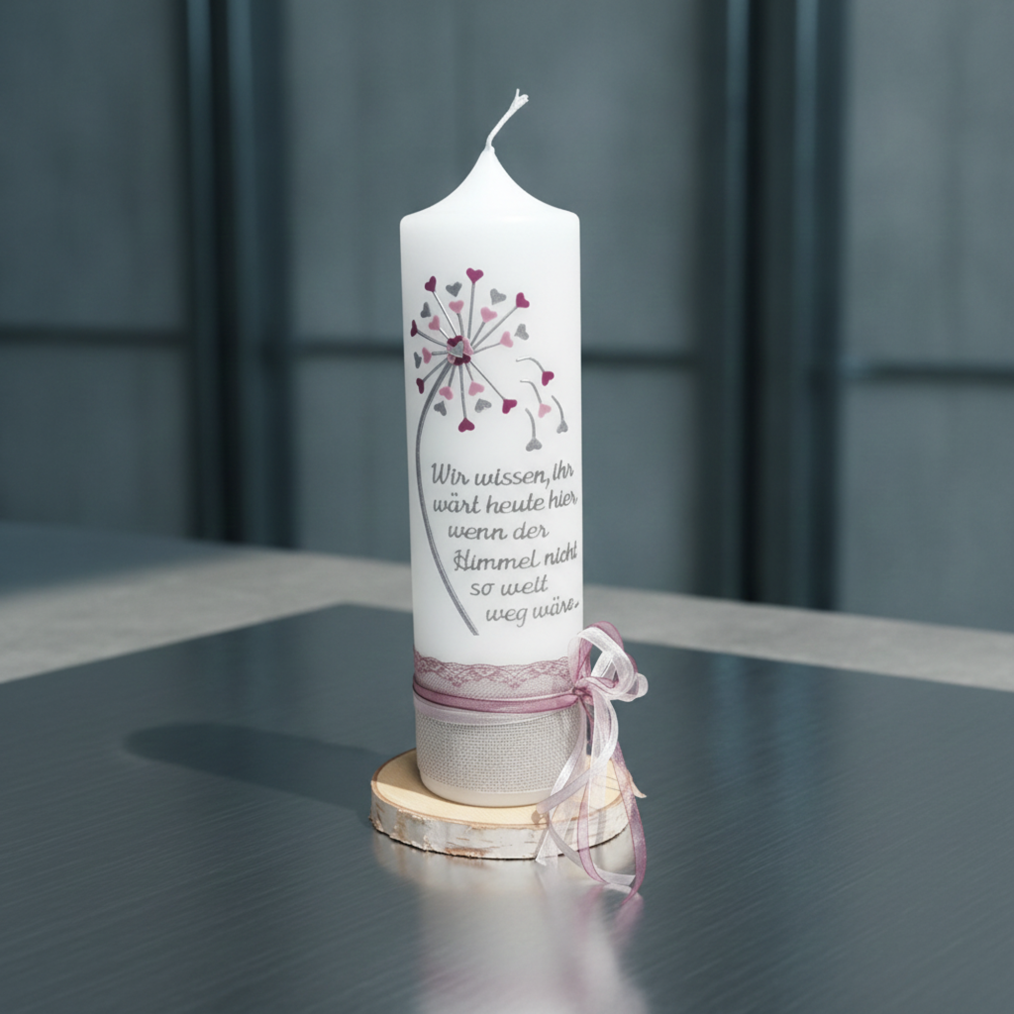 Personalisierte Gedenkkerze Erinnerungskerze zur Hochzeit  mit Pusteblume creme 25x7 cm berry altrosa Beerentöne weiß weiss Leinen