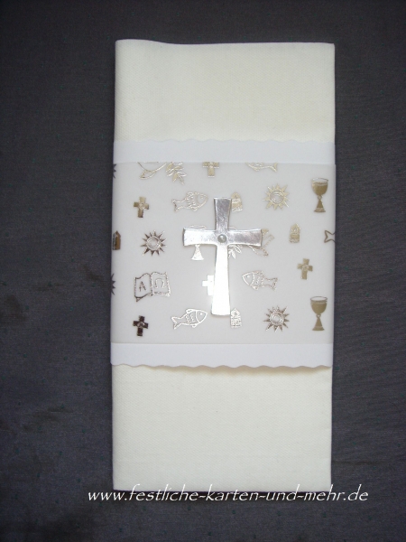 Sehr edler Serviettenring Banderole weiß silber kirchliche Motive Kreuz