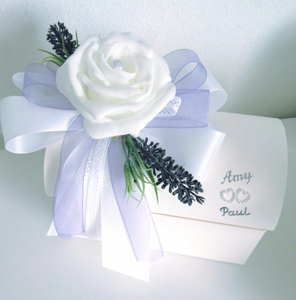 Geschenkbox f. Geldgeschenke Geldgeschenkbox zur Hochzeit Lavendel lila personalisiert